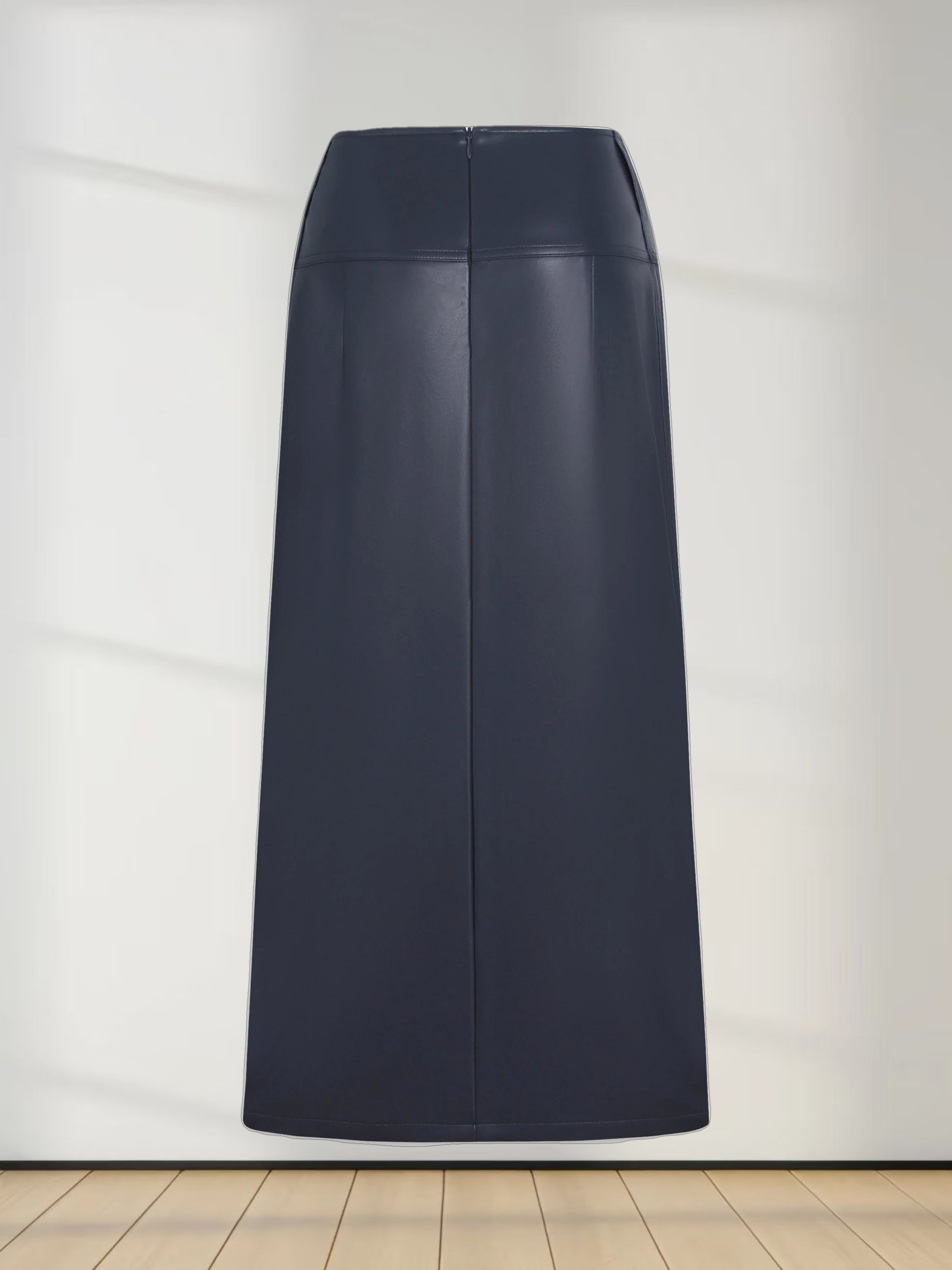 Leather Inverted Pleat Skirt-Navy
