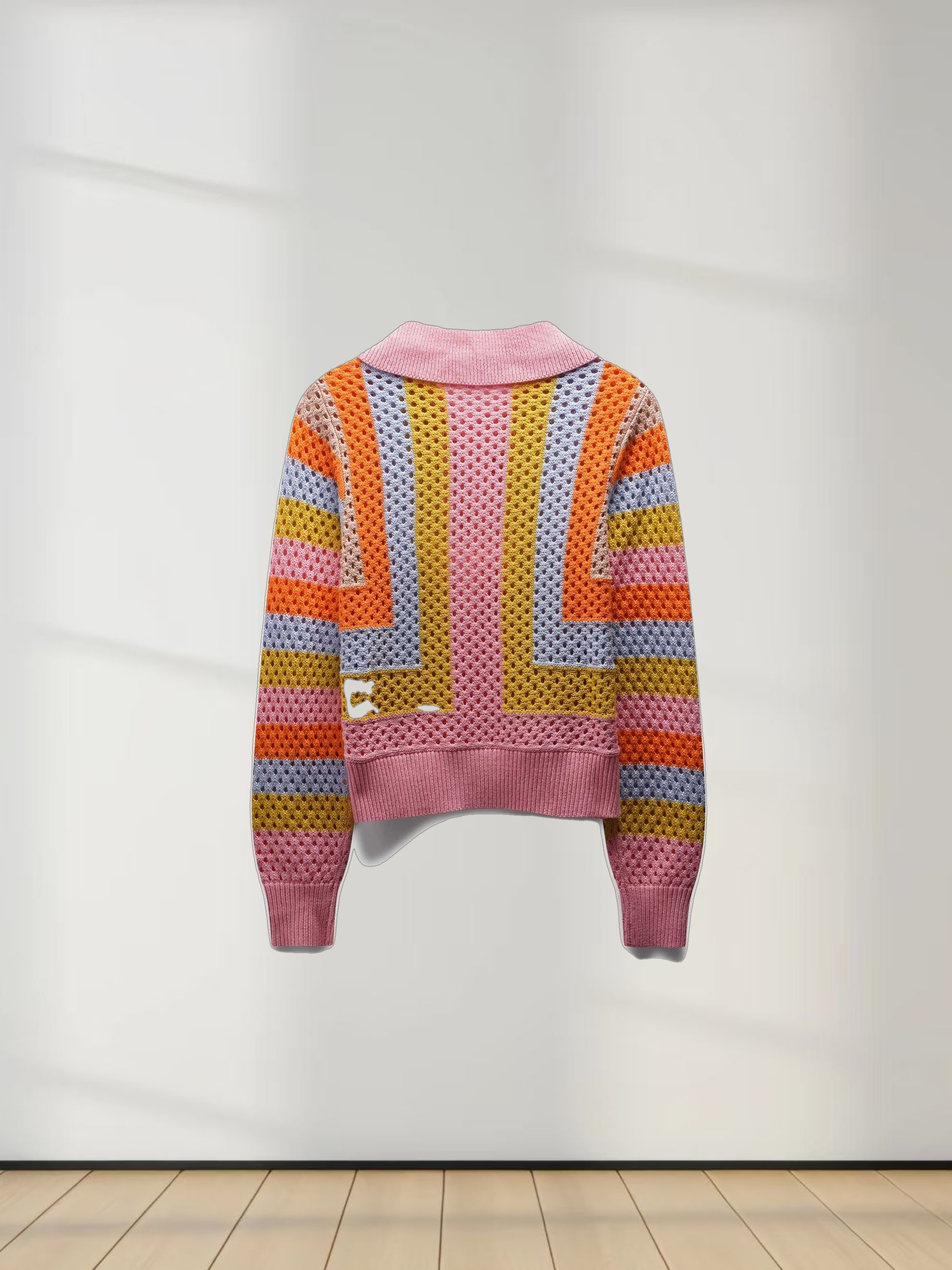 Mesh Striped Polo Sweater-Pink