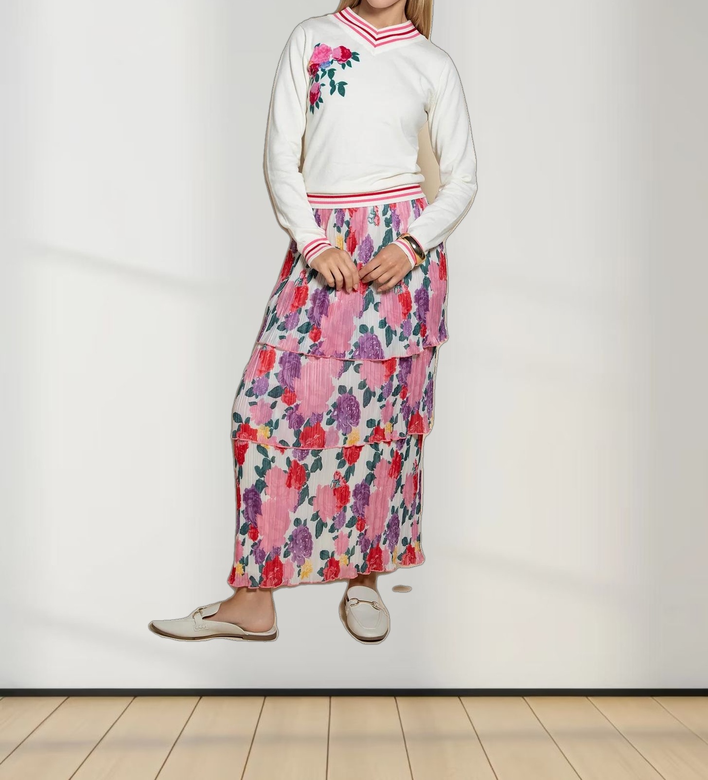 Layered Pintuck Pleated Skirt-Pink Floral