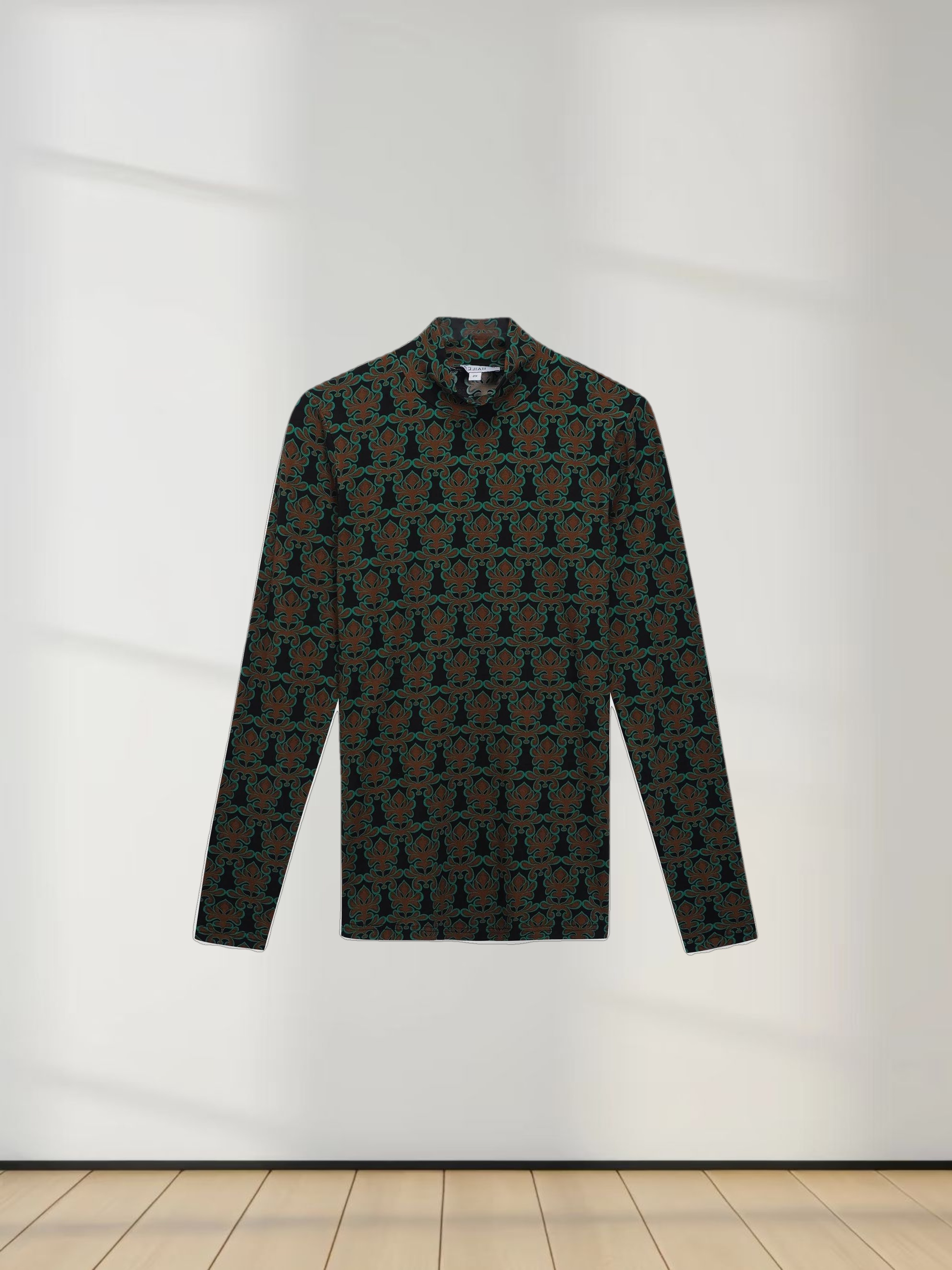 Printed Modal Turtleneck-Green/Brown Clover