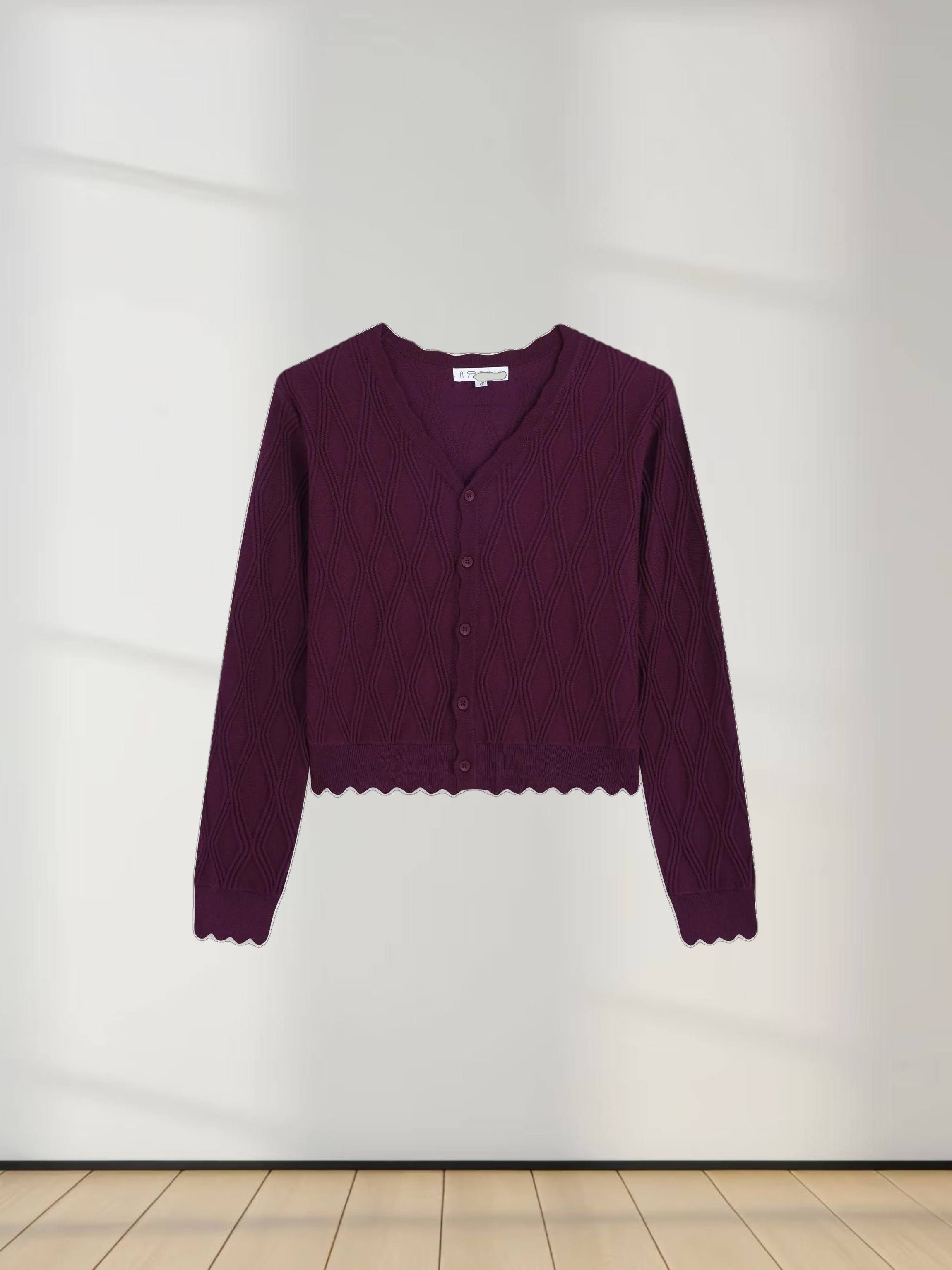 Scalloped Edge Cardigan-Wine