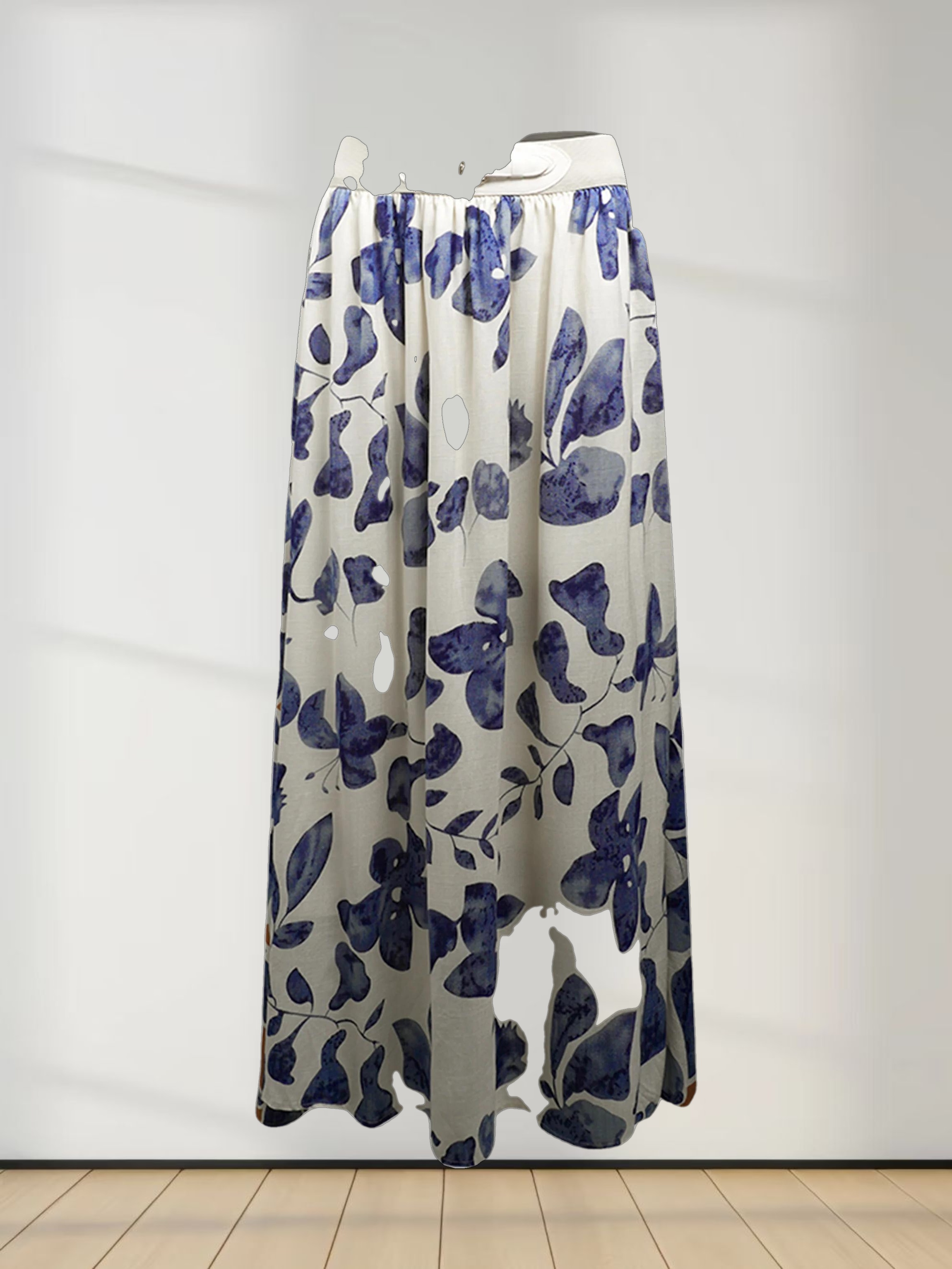 Leather Buckle Skirt-Blue Floral