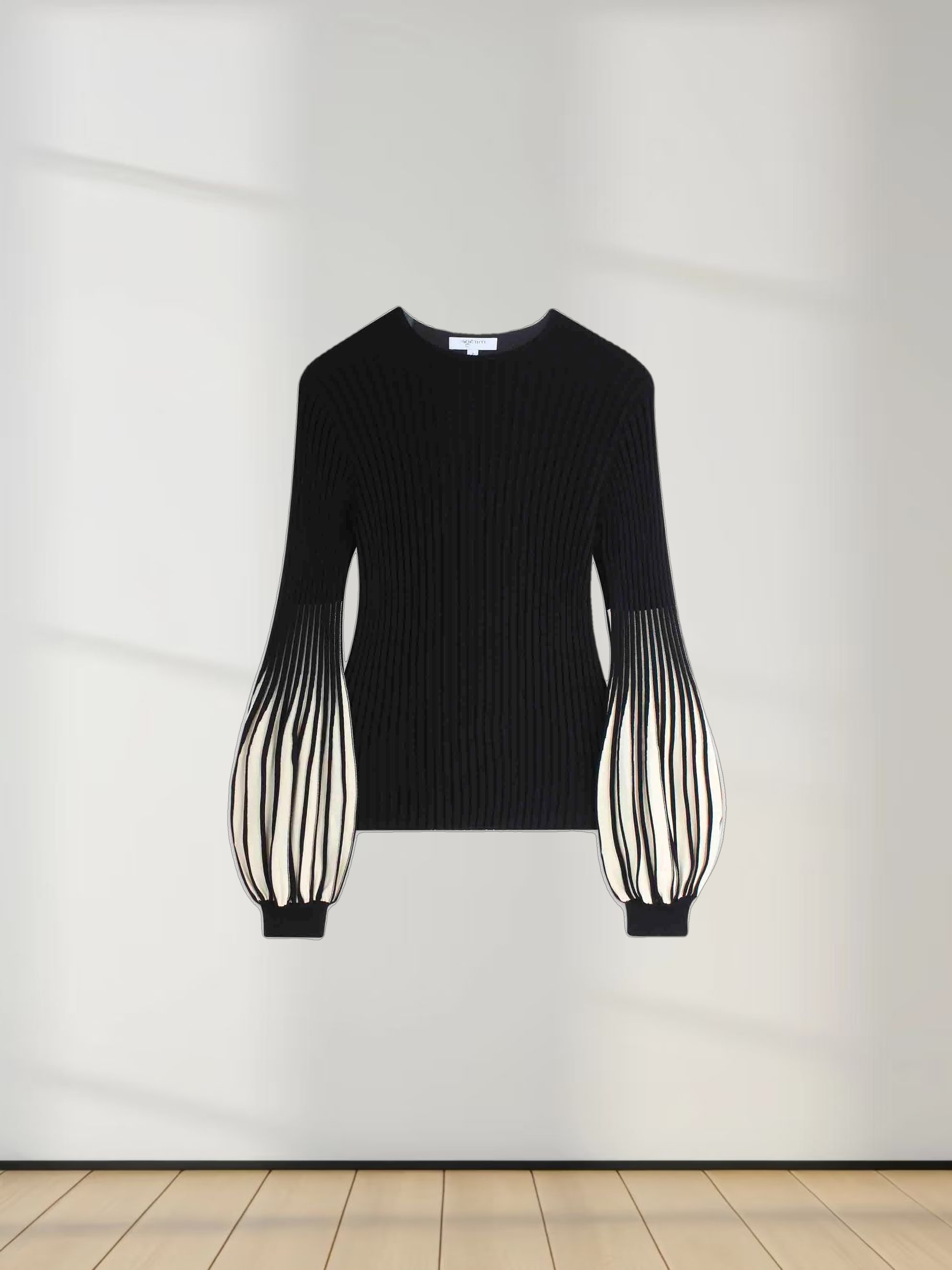 Balloon Sleeve Sweater-Black/Cream
