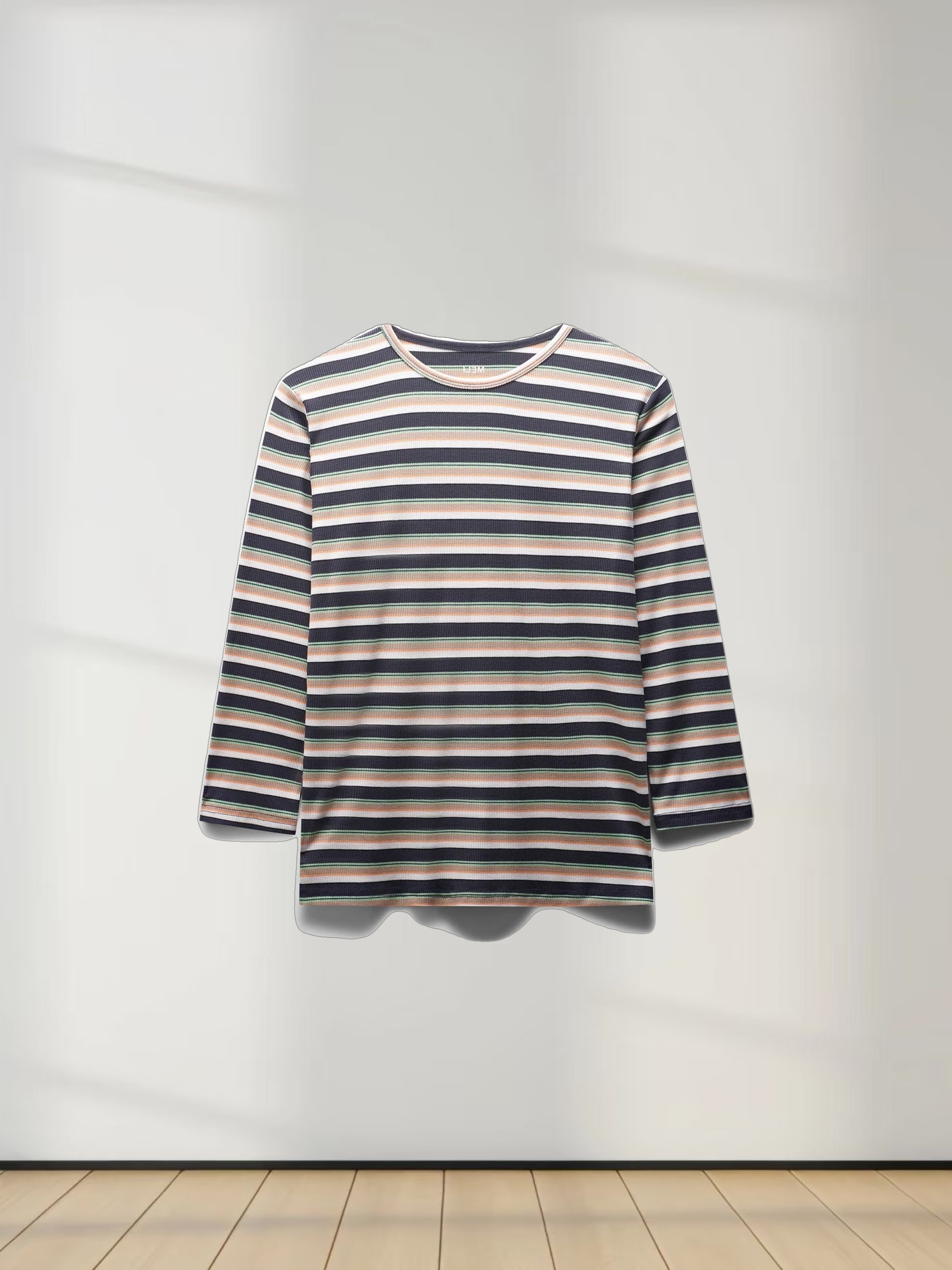 Ribbed Striped Crew 3/4 Sleeve-Brown/Ivory