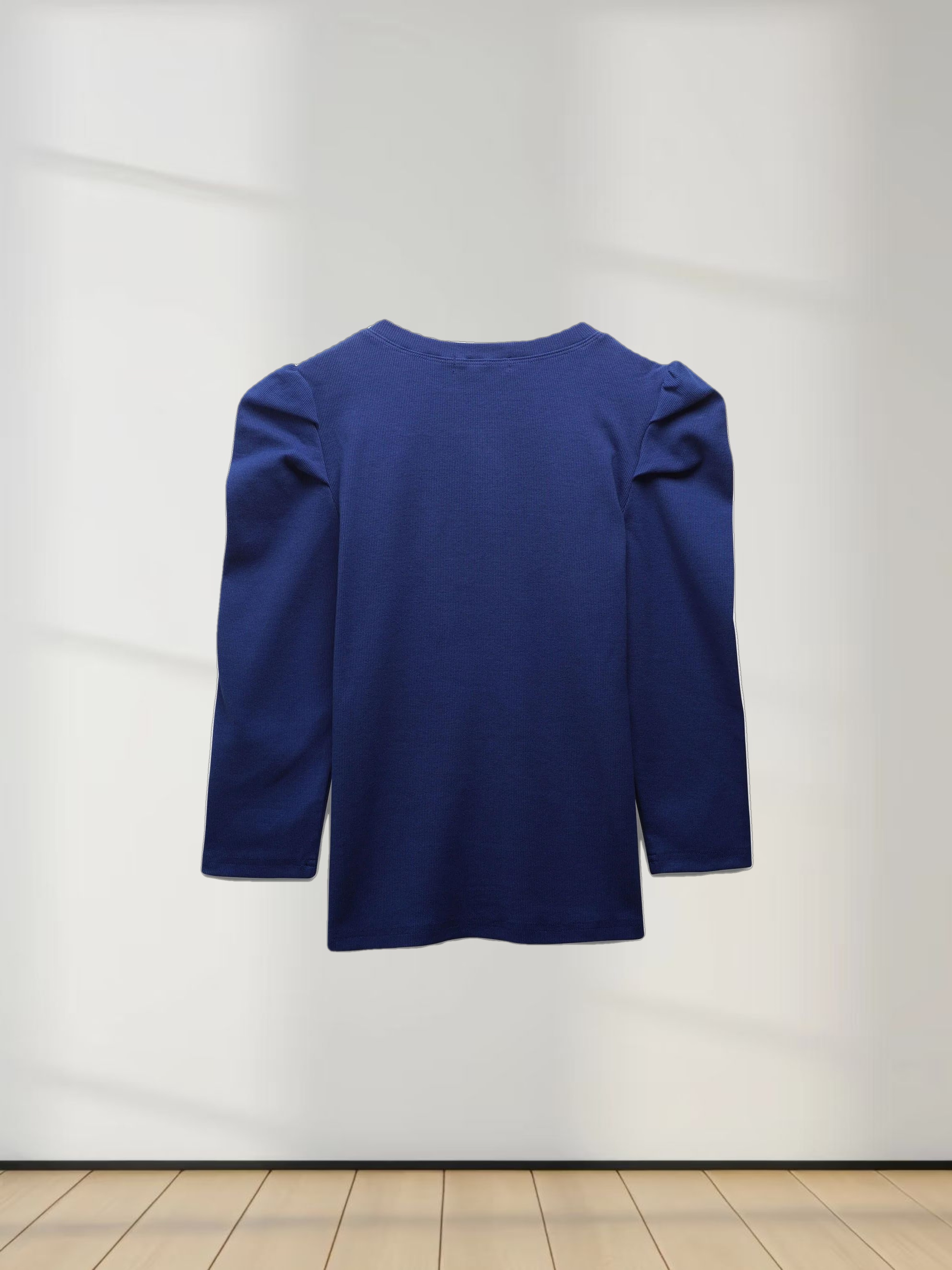 Ribbed Crew Neck Puff Sleeve Top-Royal Blue