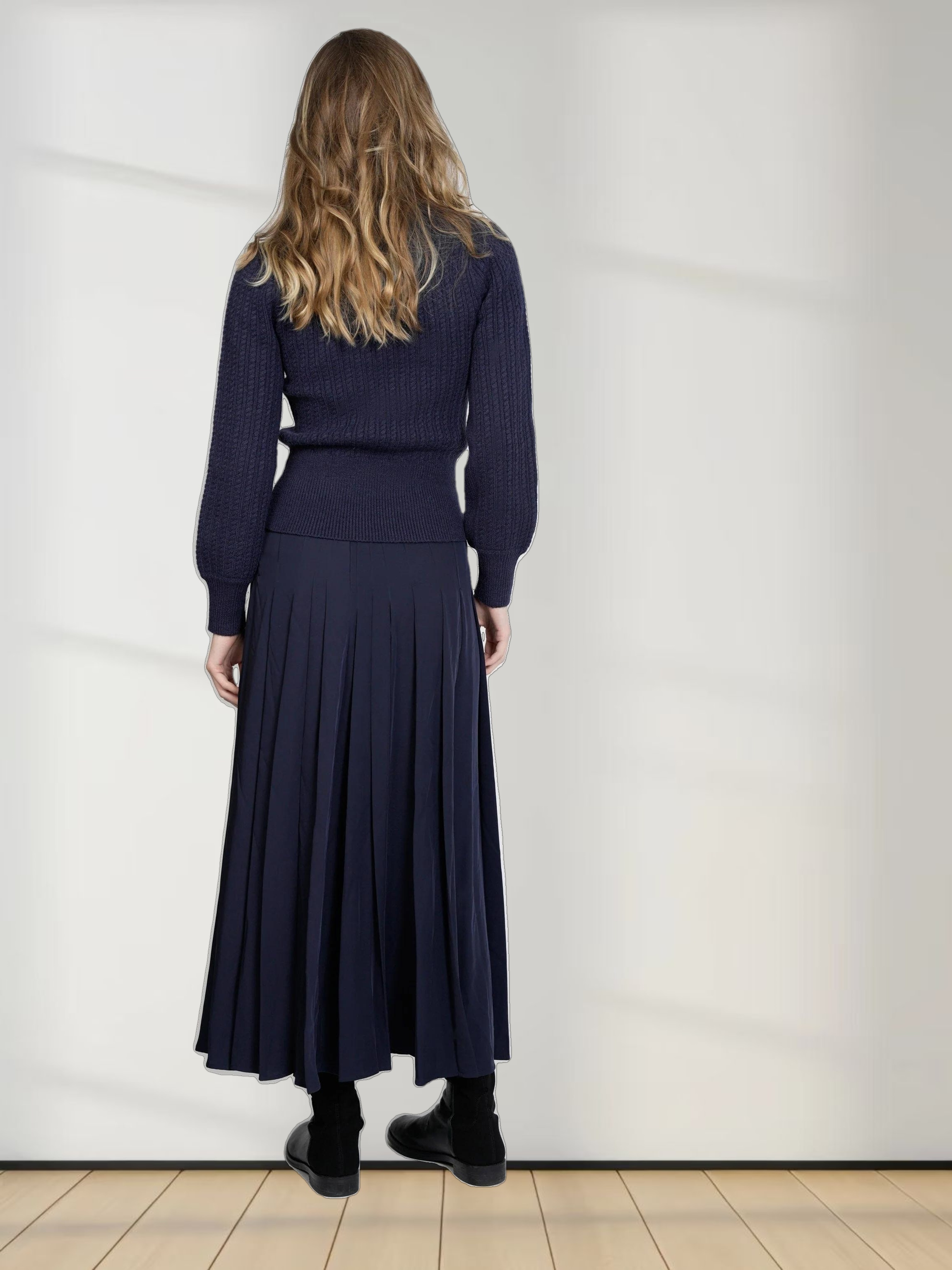 STITCHED DOWN PLEATED SKIRT-(LONG)-NAVY