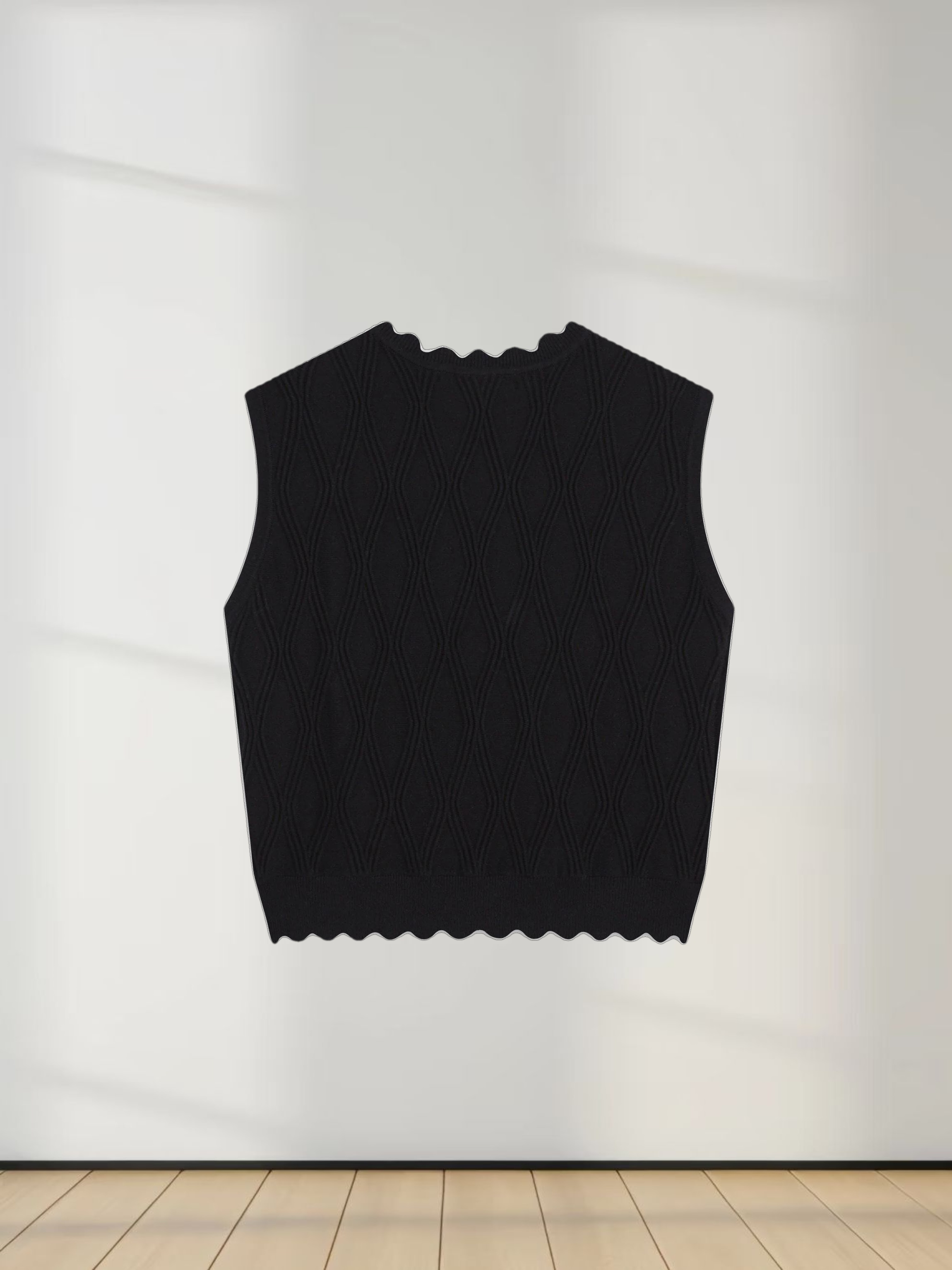 Scalloped Sleeveless Crew Neck Sweater-Black