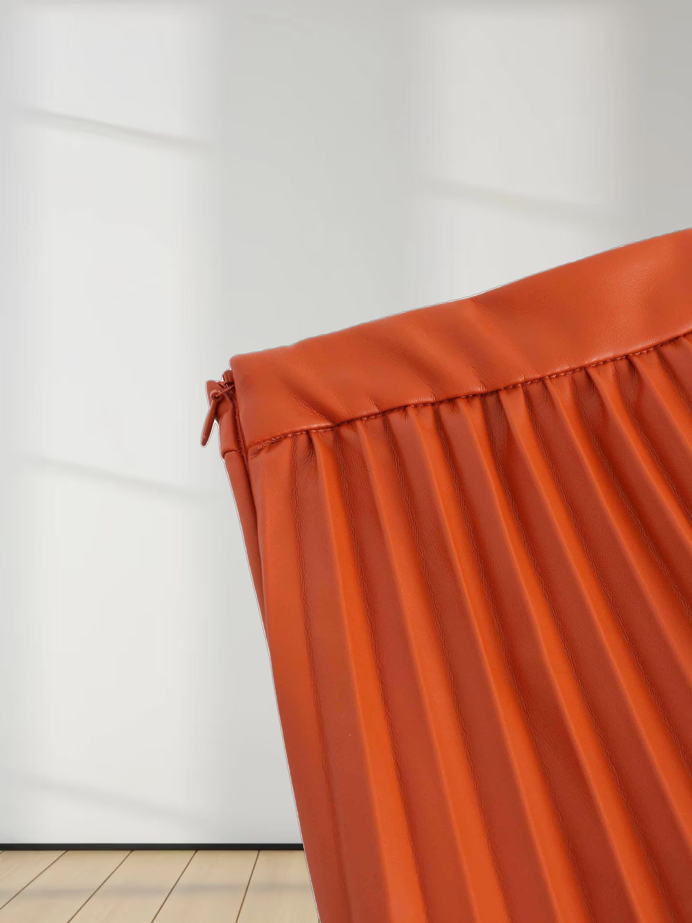 Accordion Pleated Faux Leather Skirt-Cognac