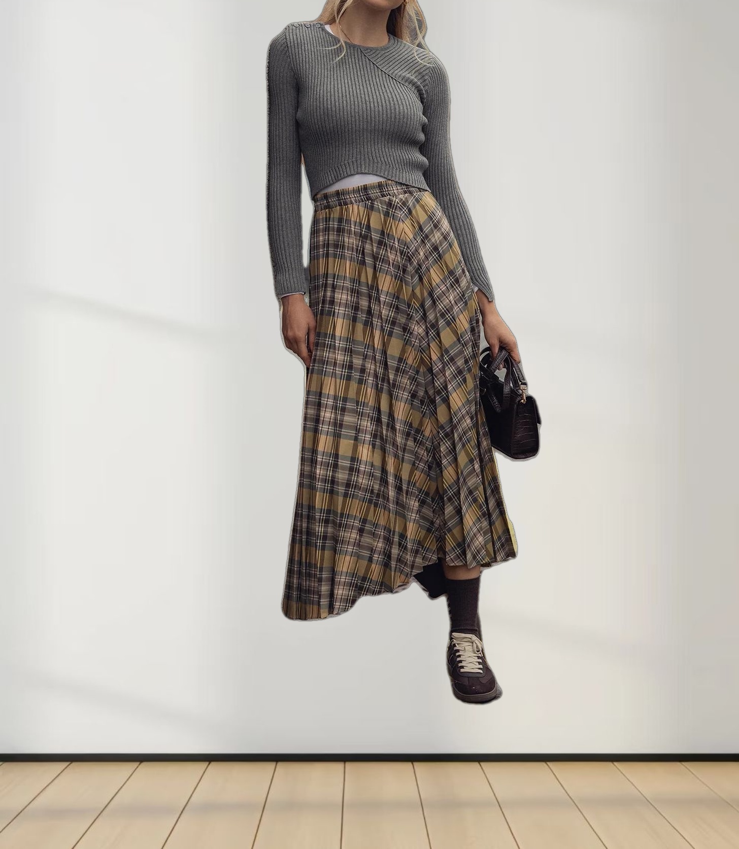 V Bottom Crop Sweater-Grey