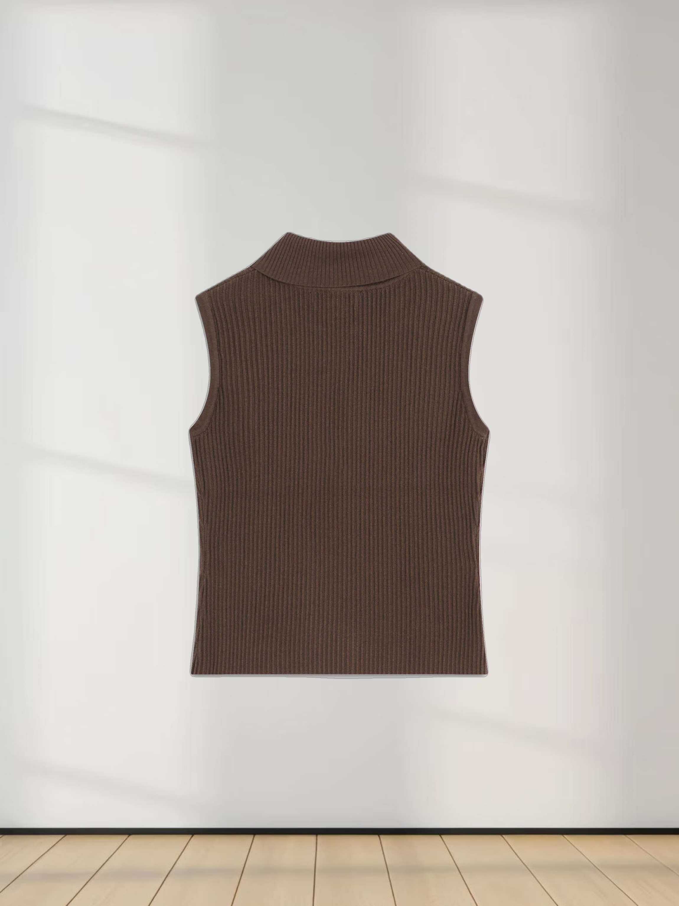 Sleeveless Ribbed Turtleneck-Chocolate Brown
