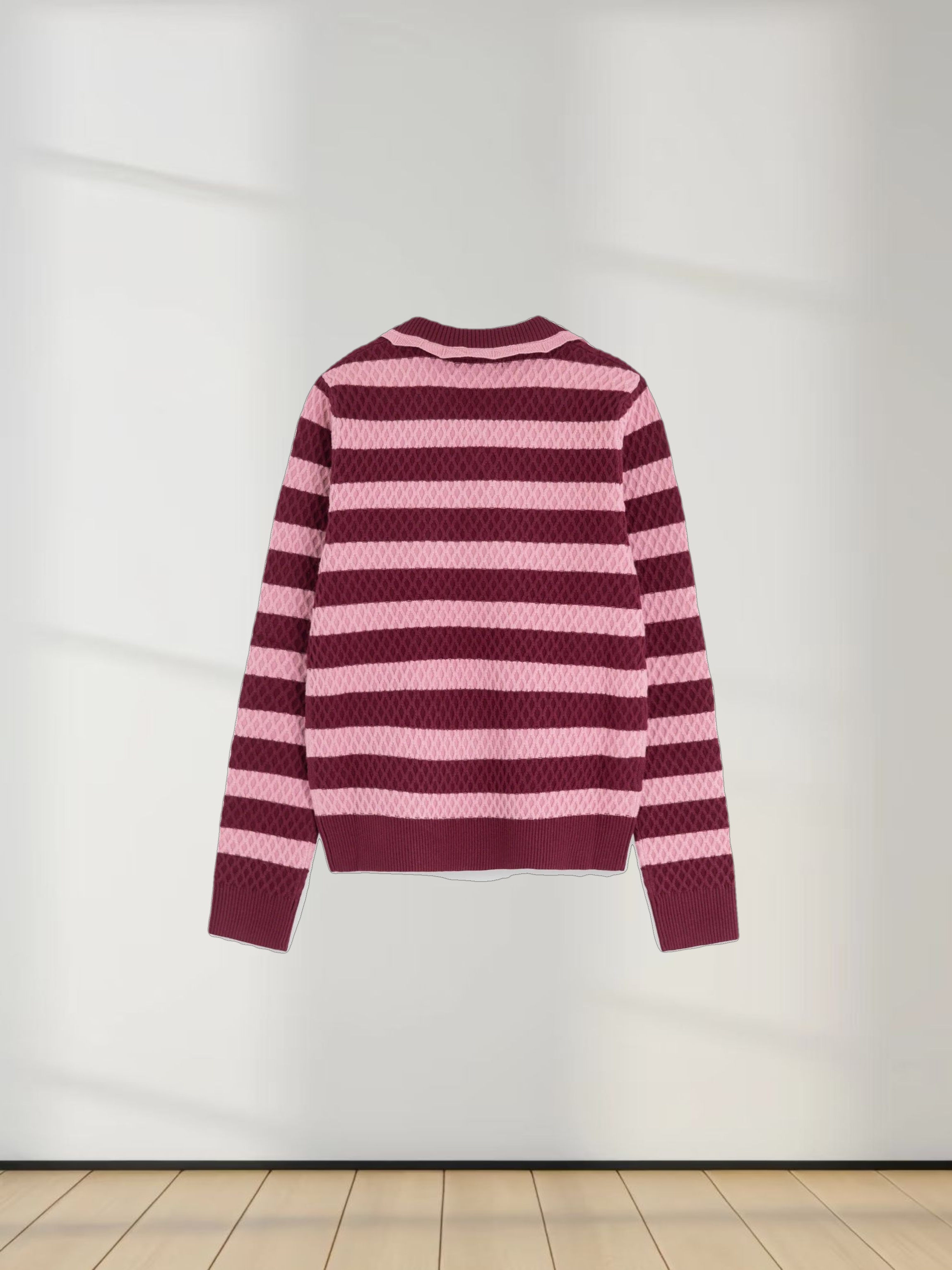 Laced Ruffle Collar Striped Sweater-Burgundy/Pink