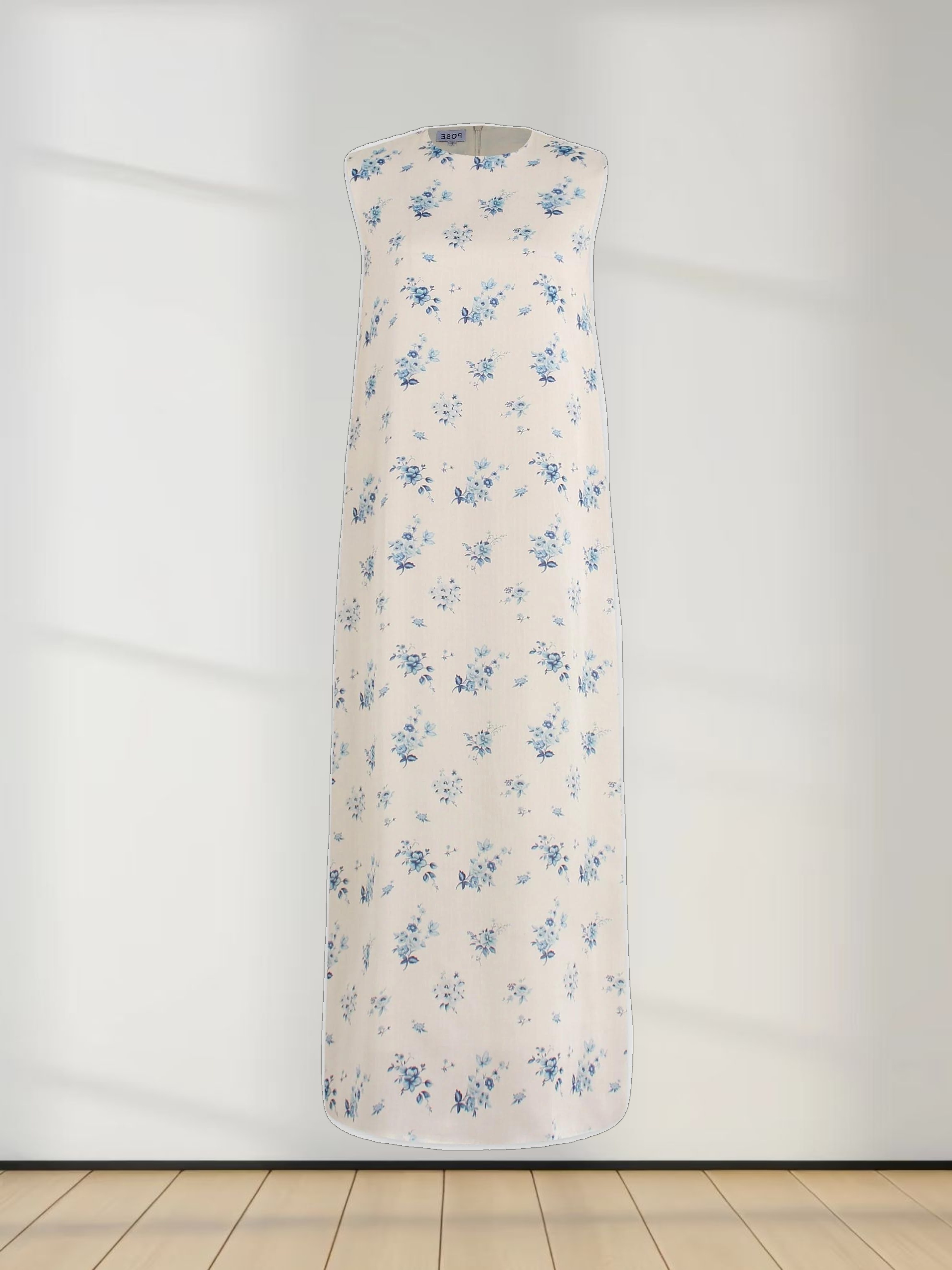 Sleeveless Crew Neck Dress-Blue Flower