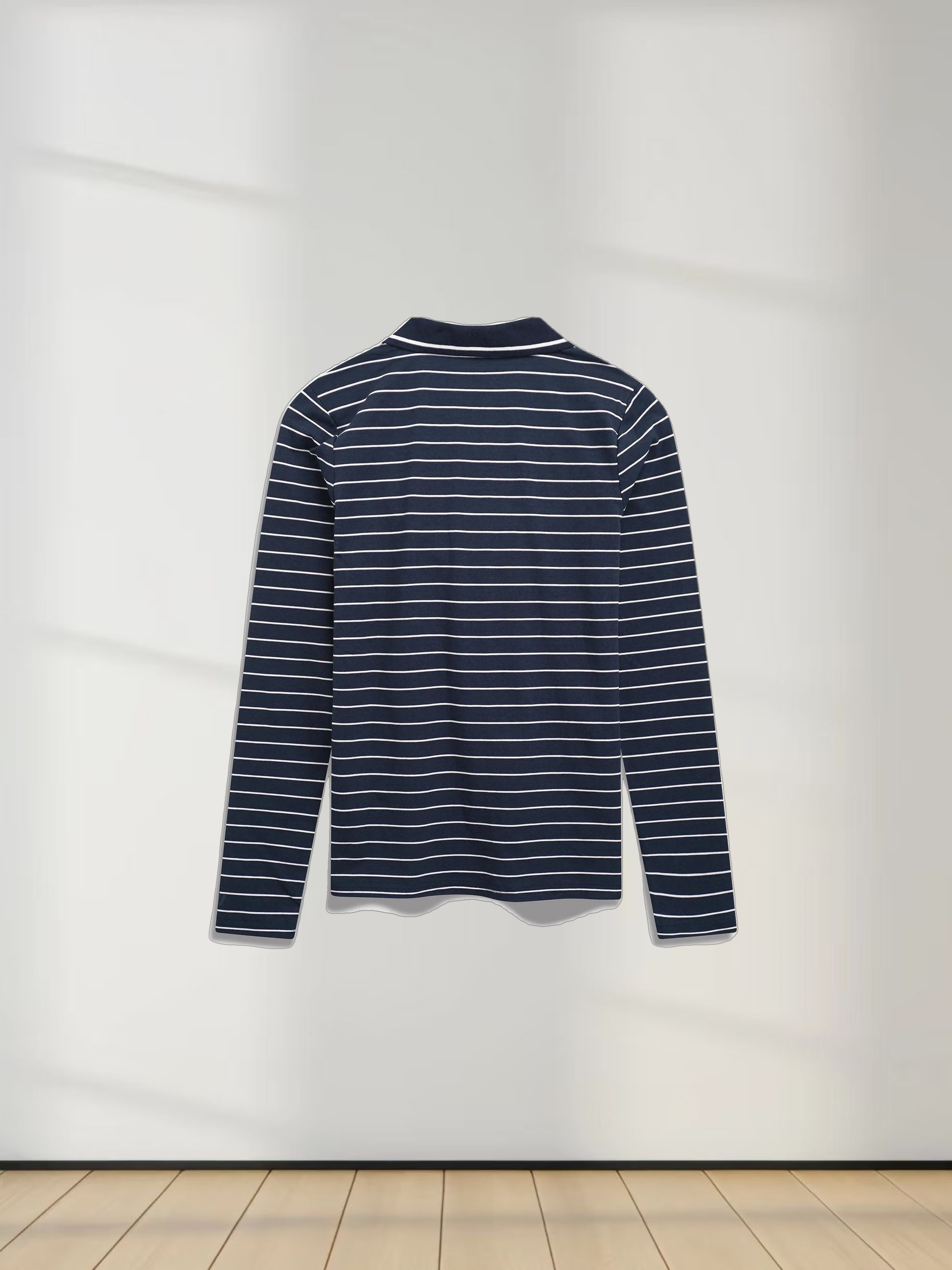 Striped Collar Snap Tee-Navy/White