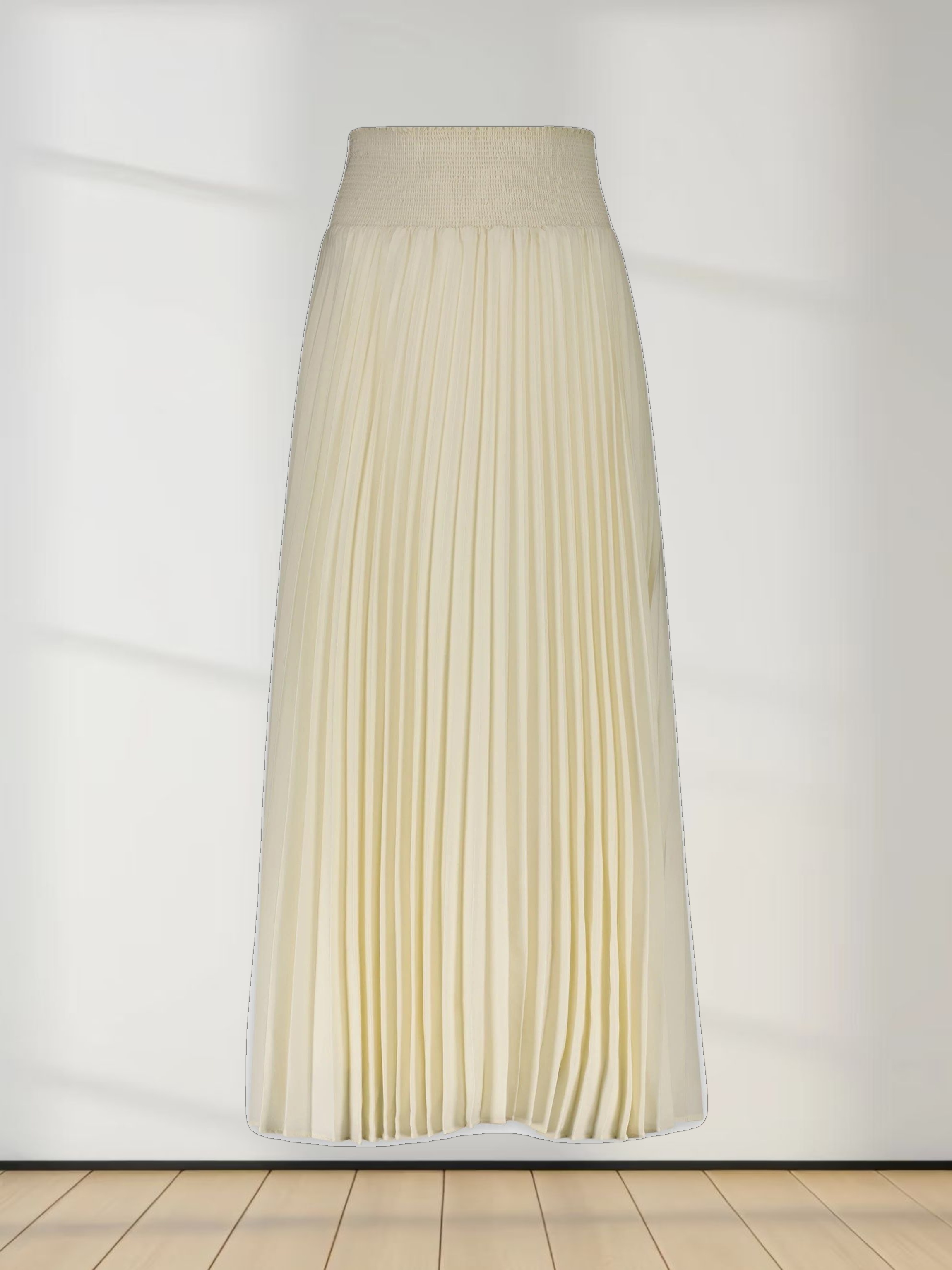 SHIRRED WAIST PLEATED SKIRT (LONG)-CREAM