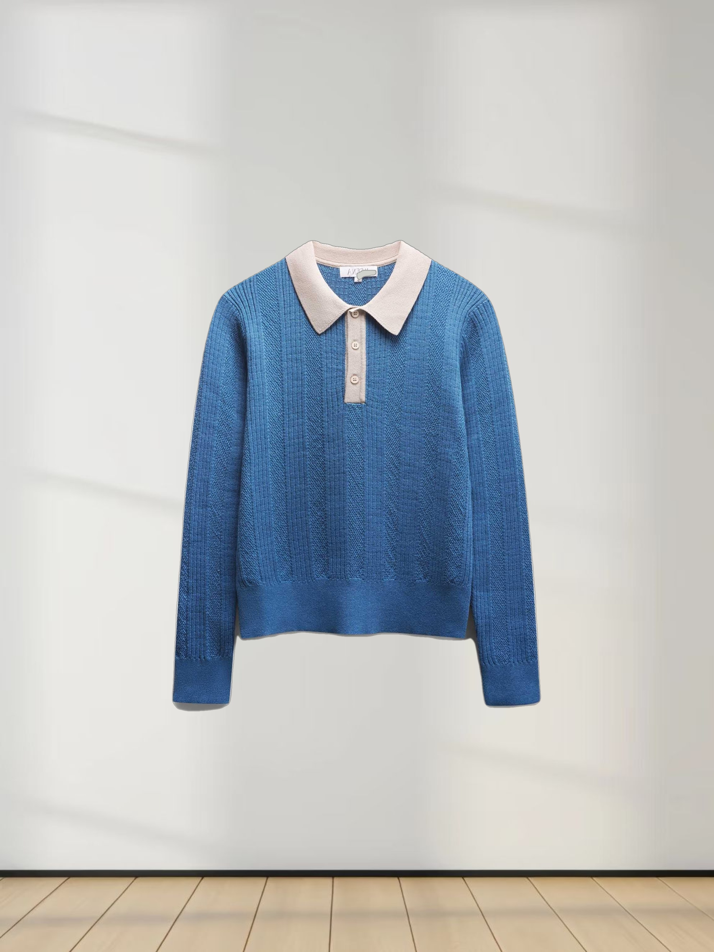 Knit Detail Collar Sweater-Teal/Tan