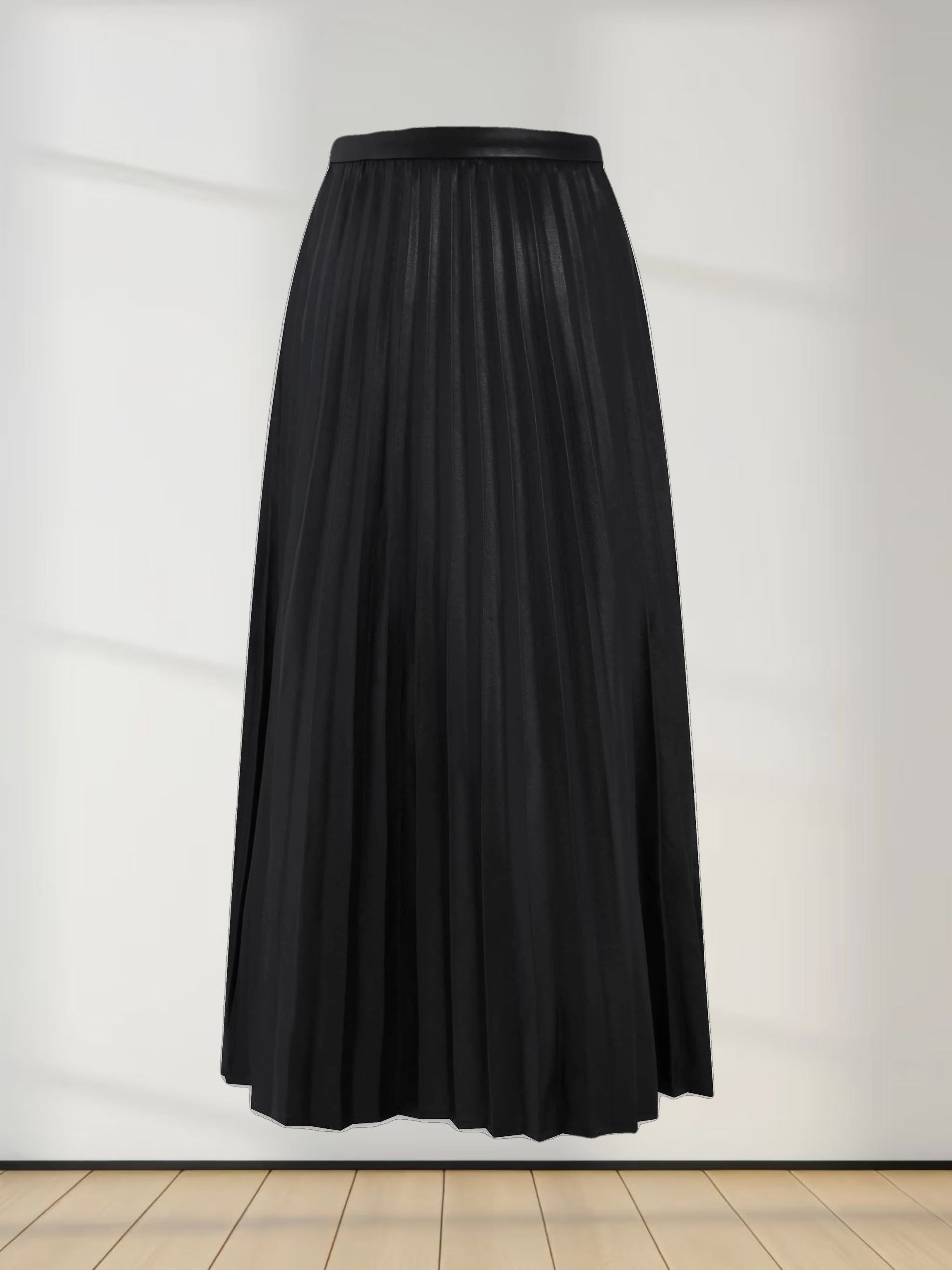 Accordion Pleated Faux Leather Skirt-Black