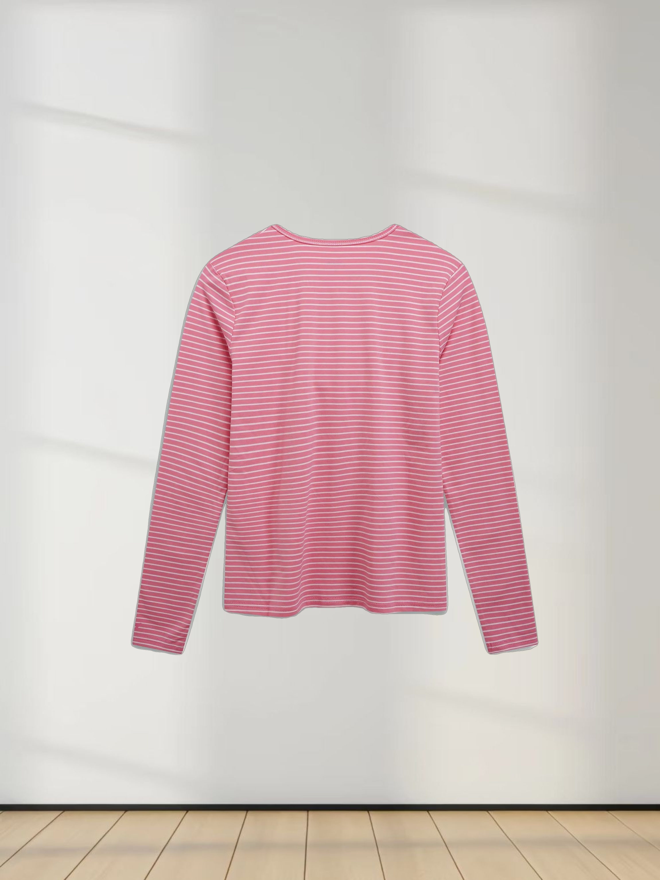 Flat Striped High V Long Sleeve-Pink/White