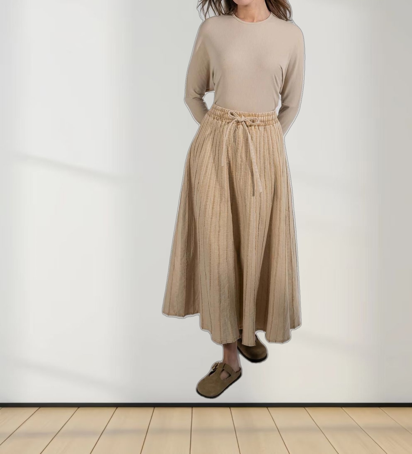 Stitched Micro Pleat Denim Skirt-Tan