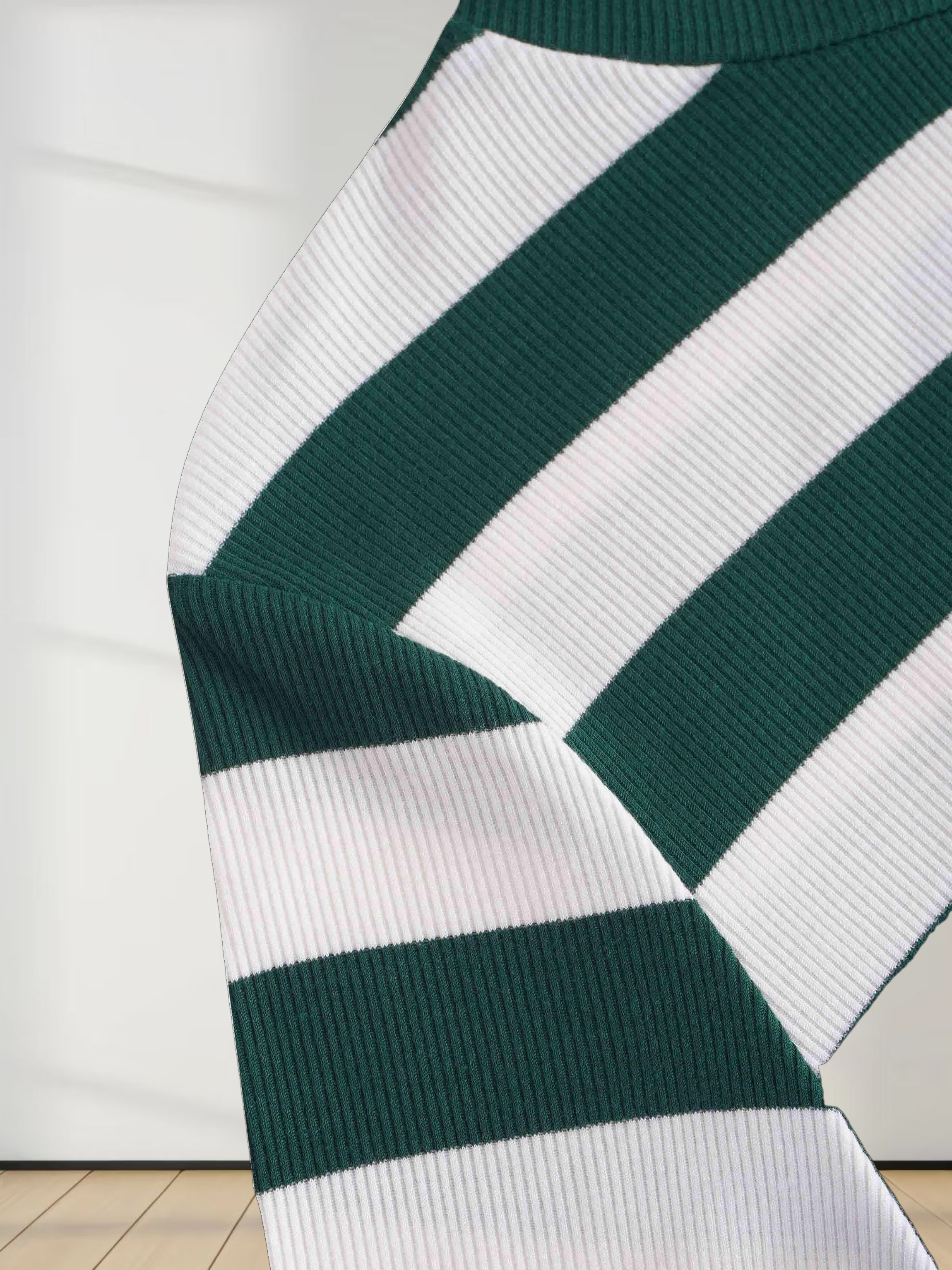 Striped Ribbed Turtleneck-Emerald/Cream