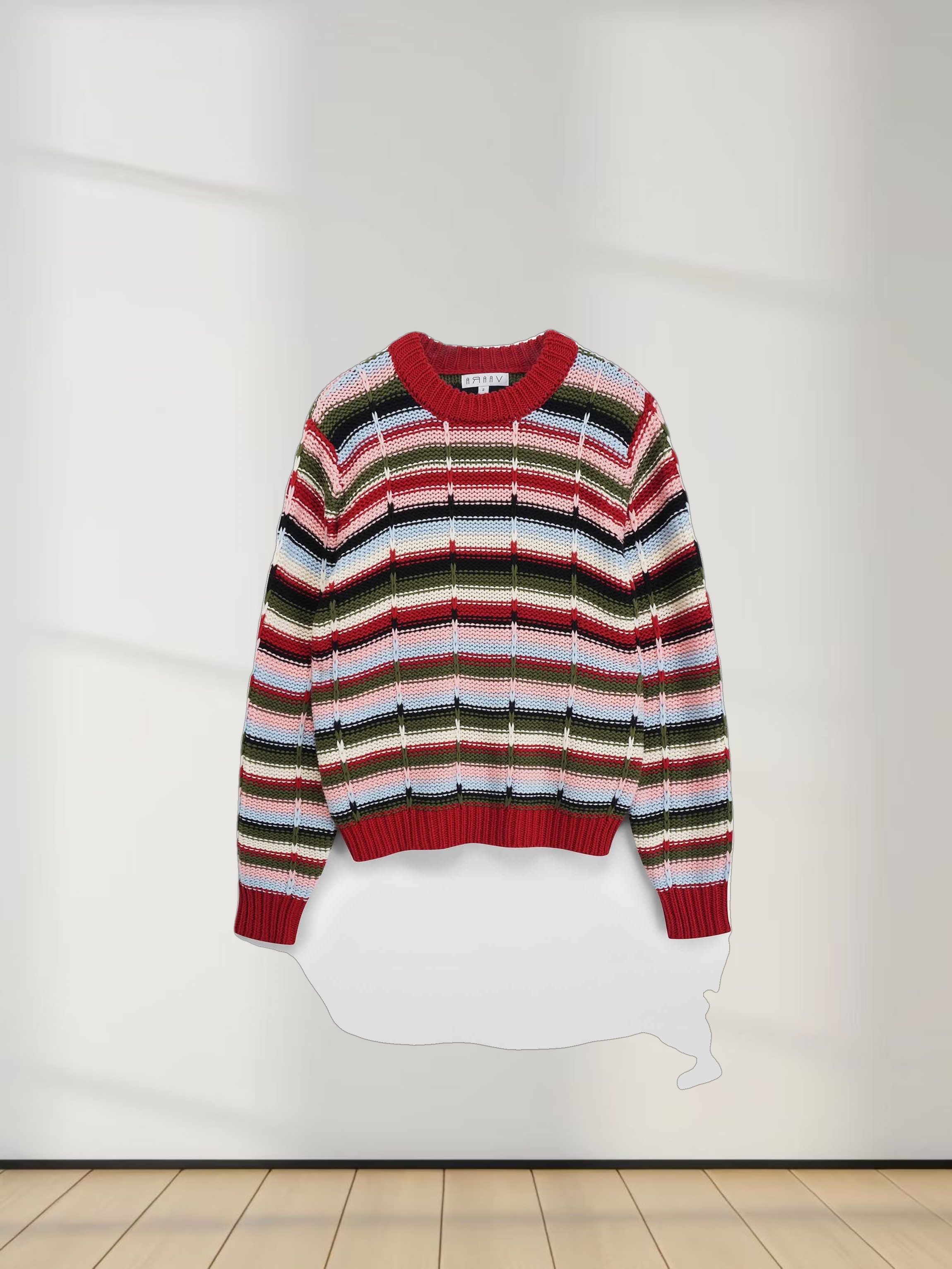 Overstitch Detail Striped Sweater-Burgundy