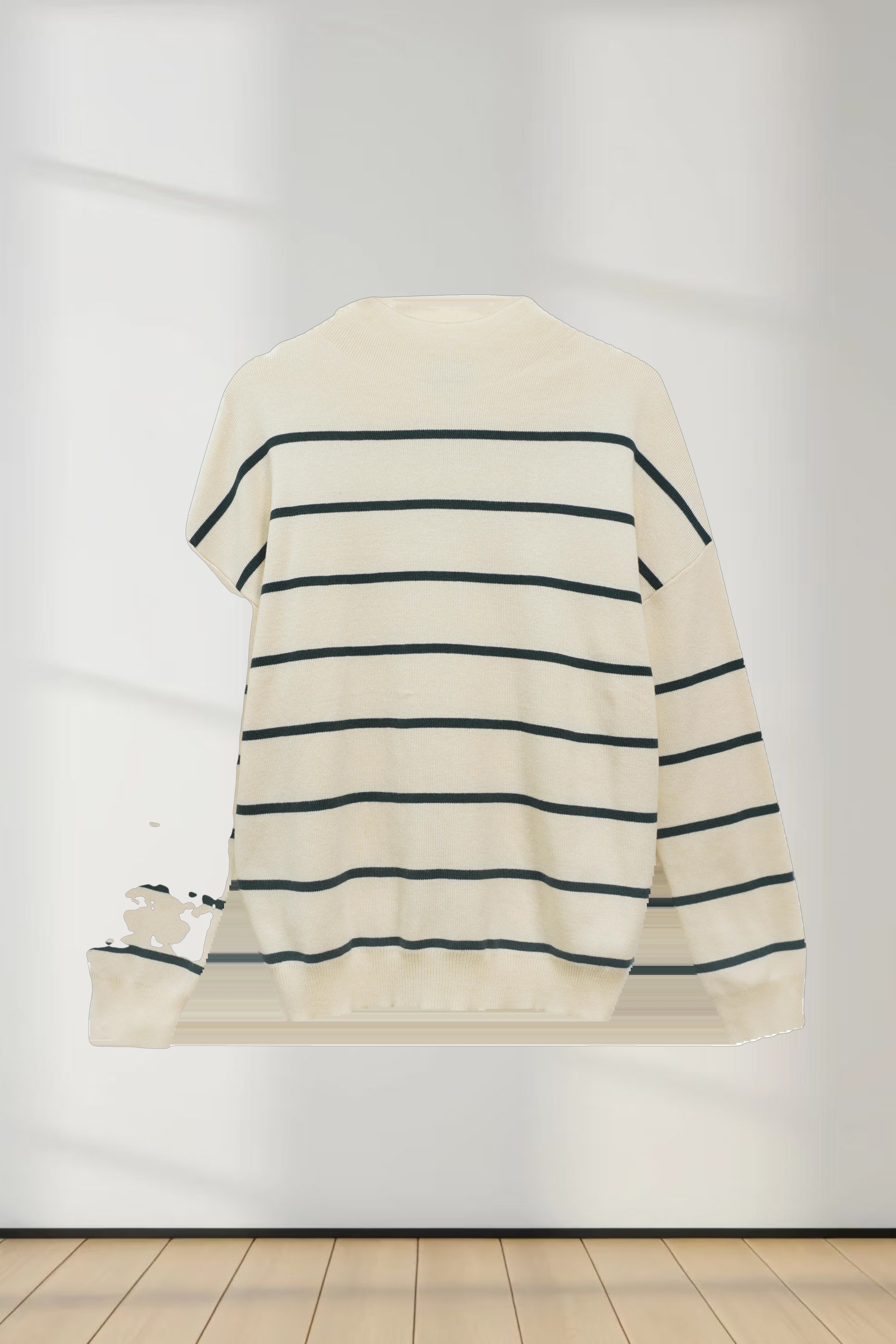 Mock Neck Thin Knit Sweater-Cream/Green