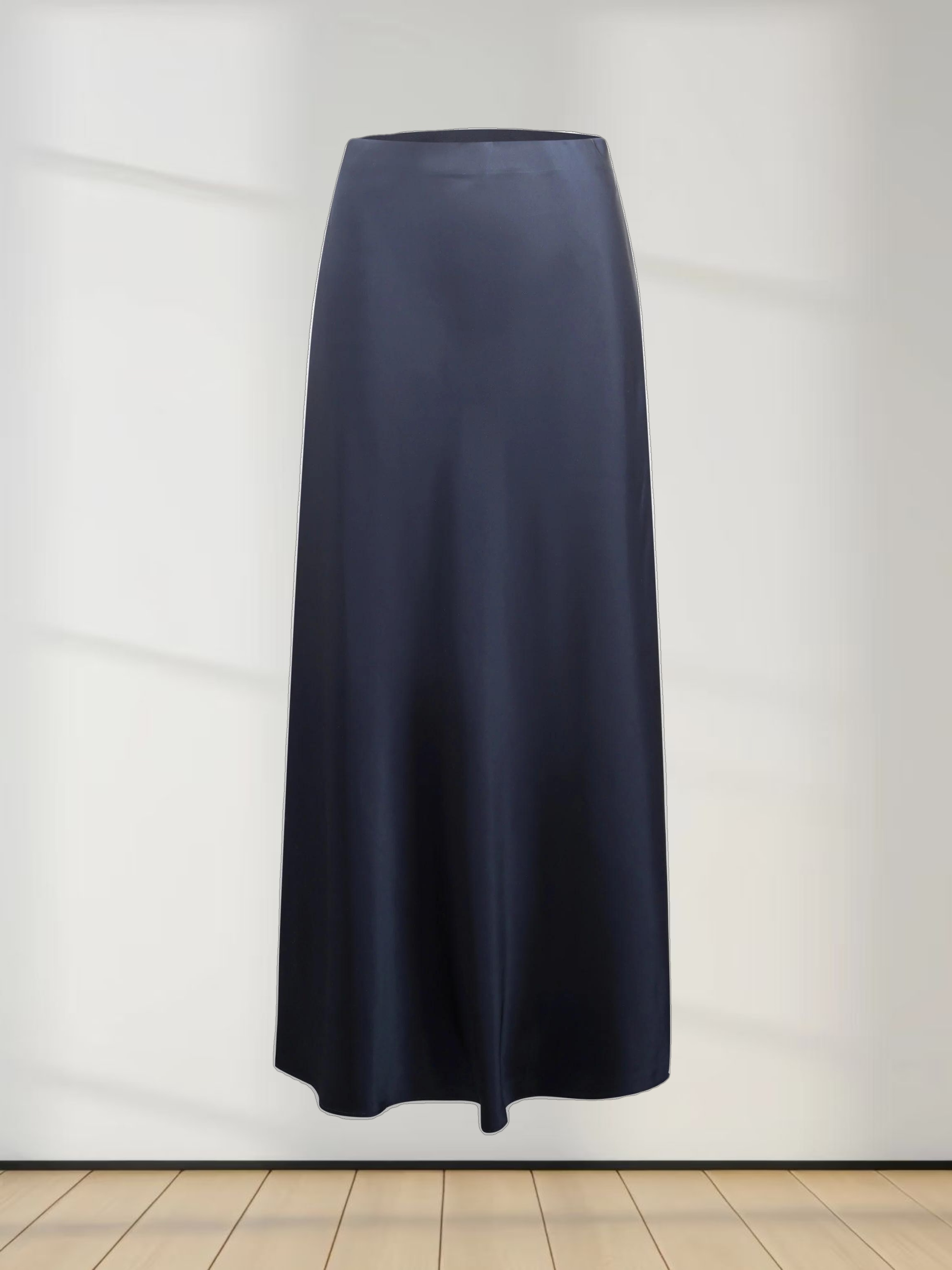 Solid Faux Satin Slip Skirt-Dark Blue/Navy