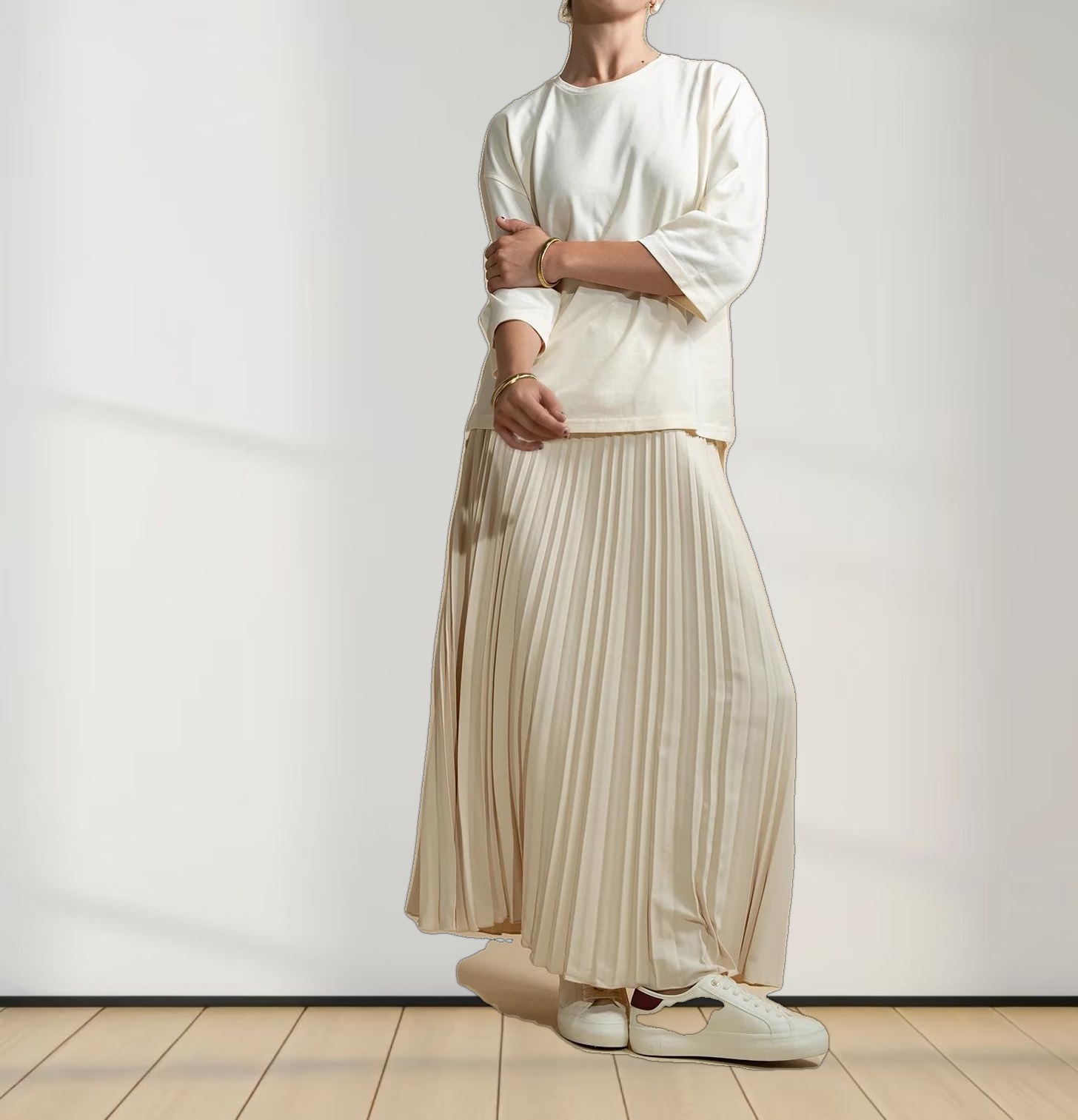 Crepe Pleated Maxi Skirt-Bone