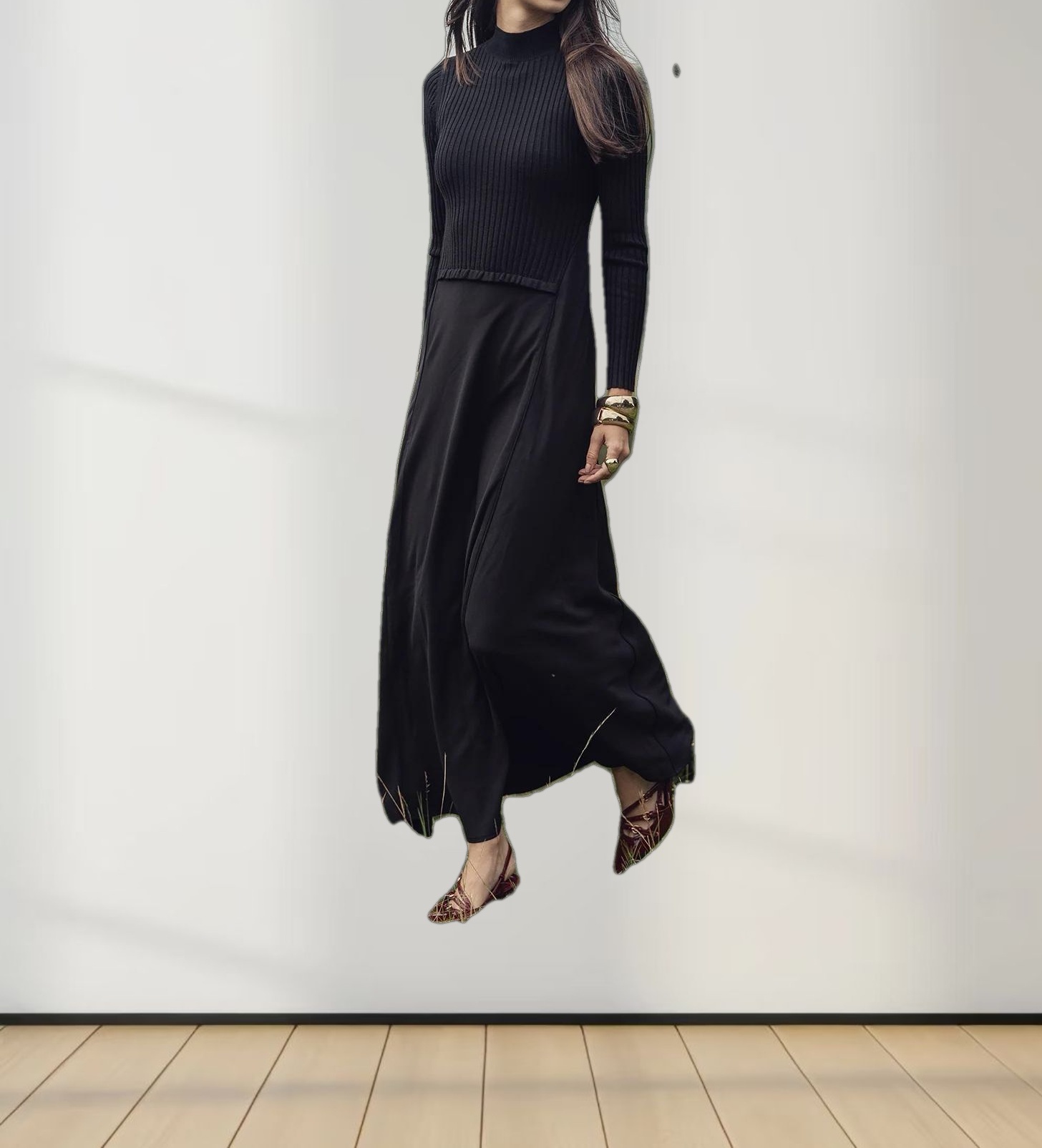 Crepe Bottom Dress-Black/Black