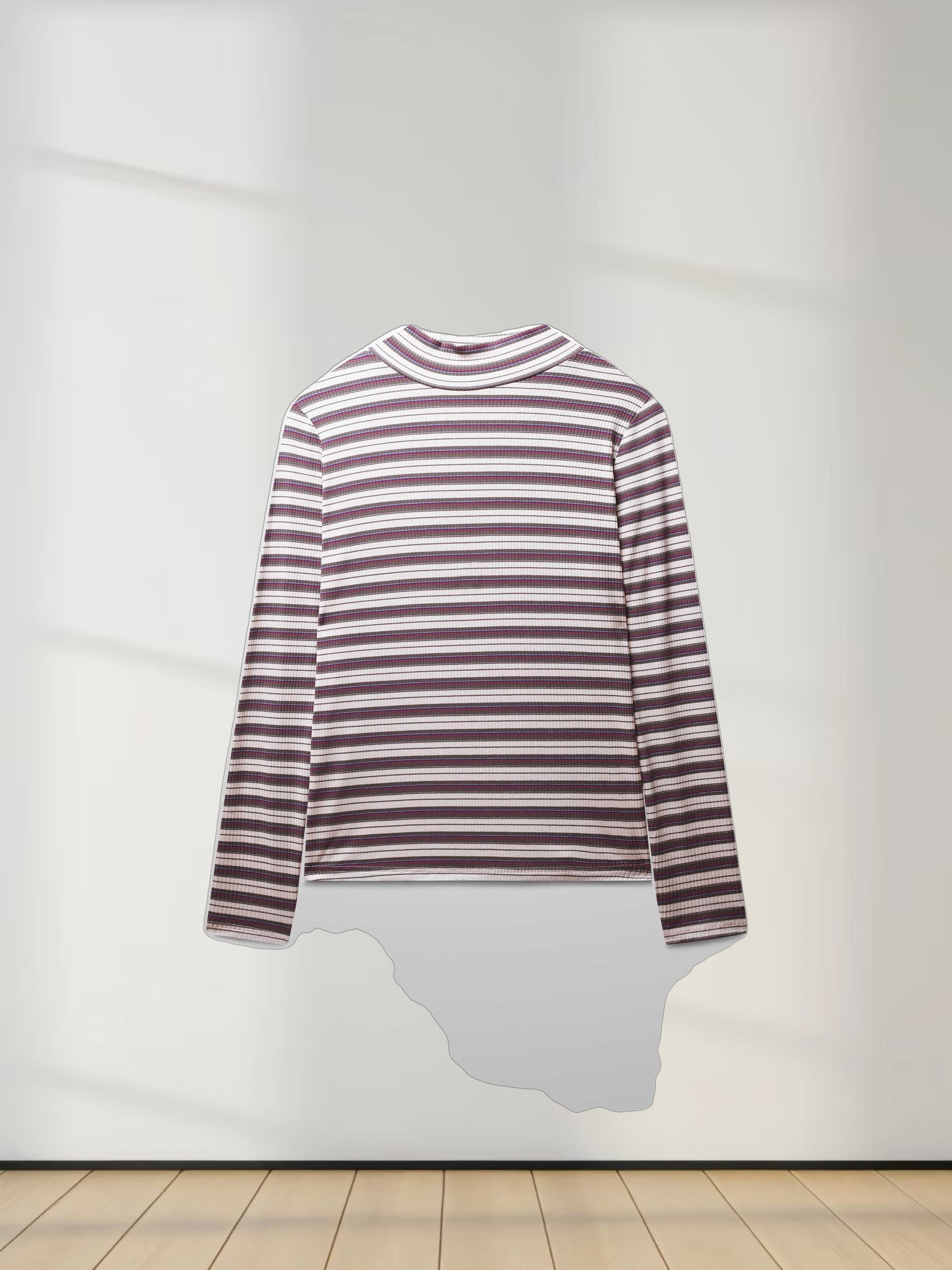 Striped Ribbed Turtleneck-Cream/Grey/Pink