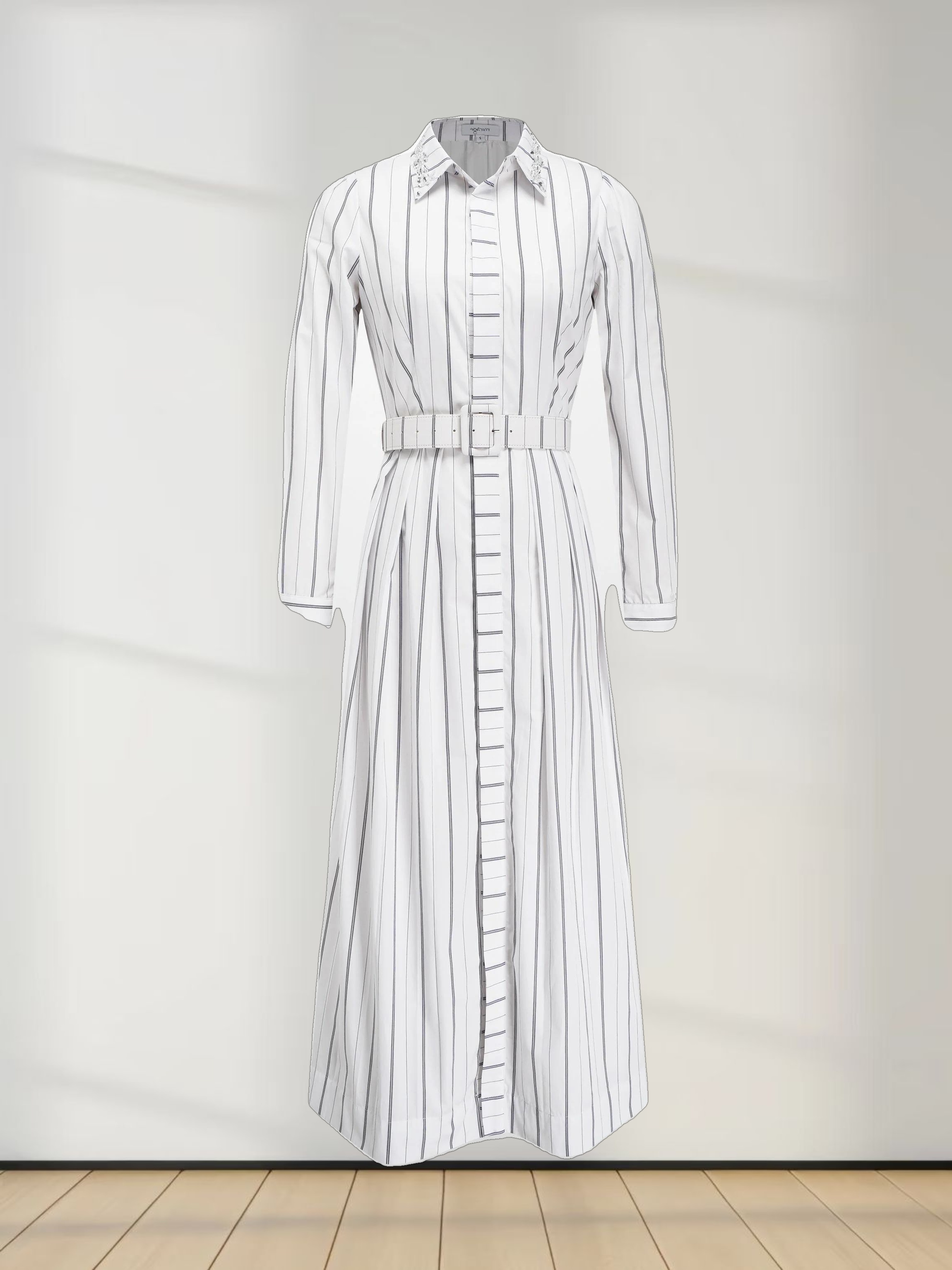 Jeweled Collar Belted Shirtdress-White Pinstripe