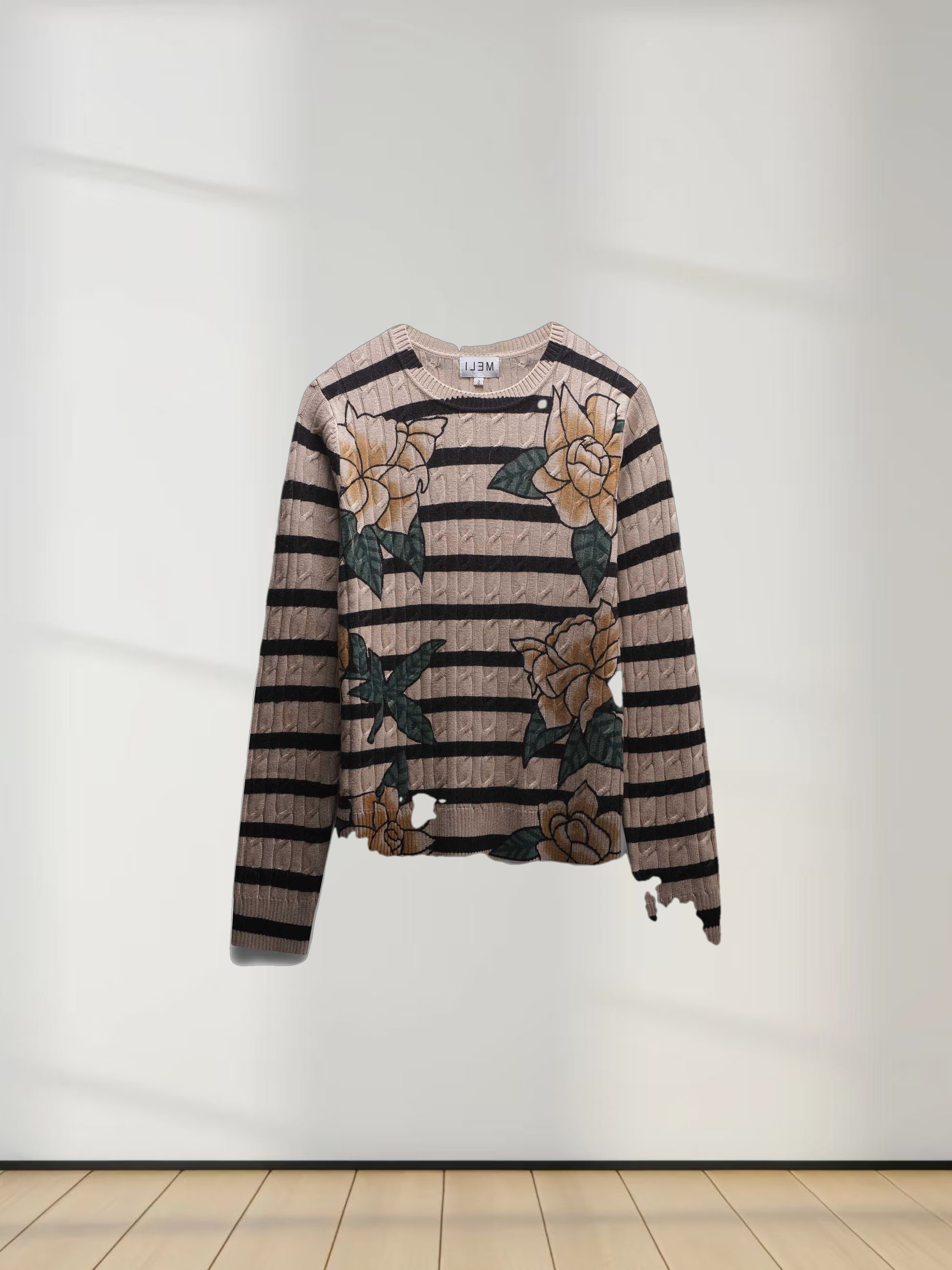 Printed Cable Knit Sweater-Striped Floral