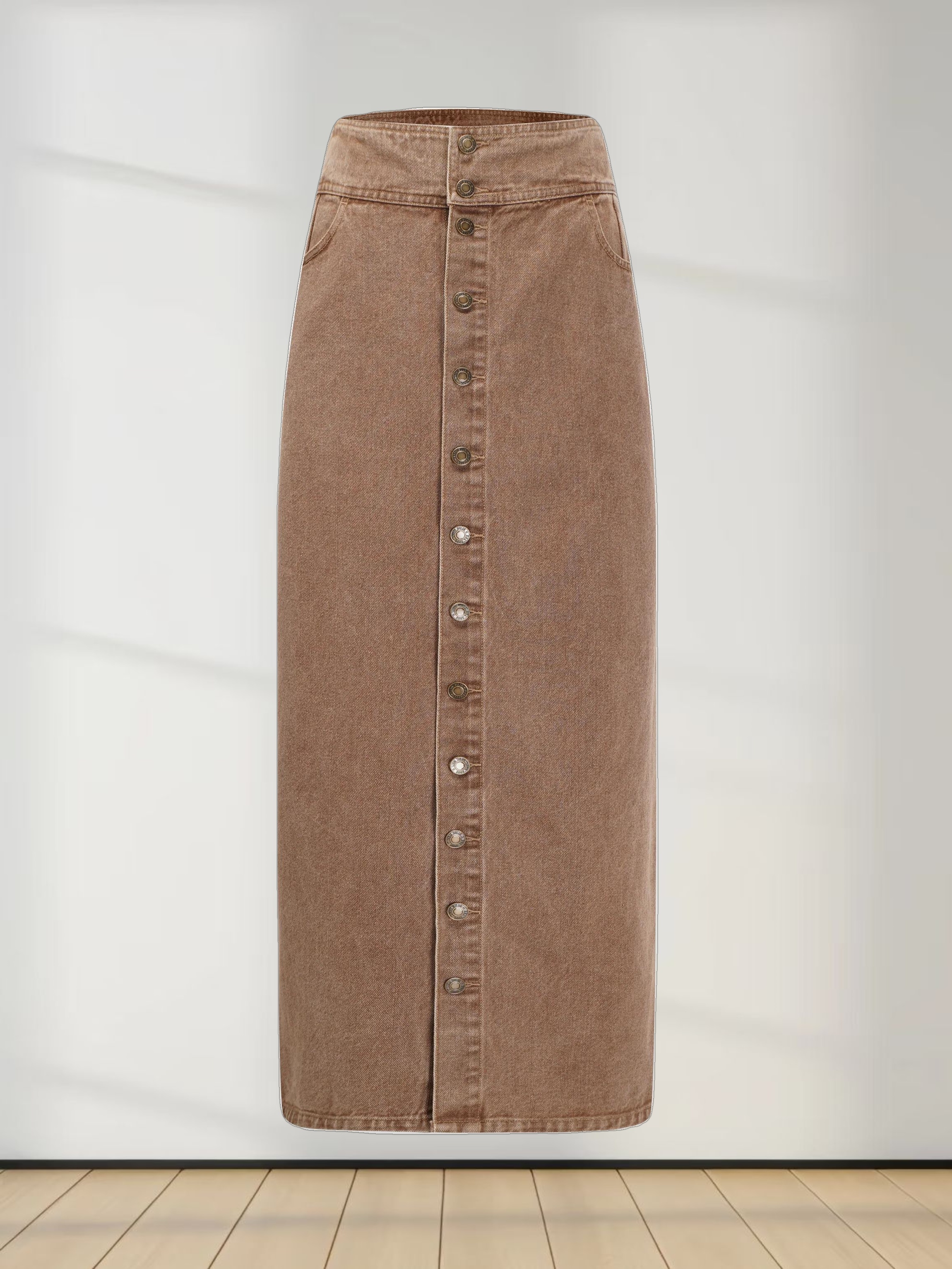 Button Down Denim Skirt-Brown