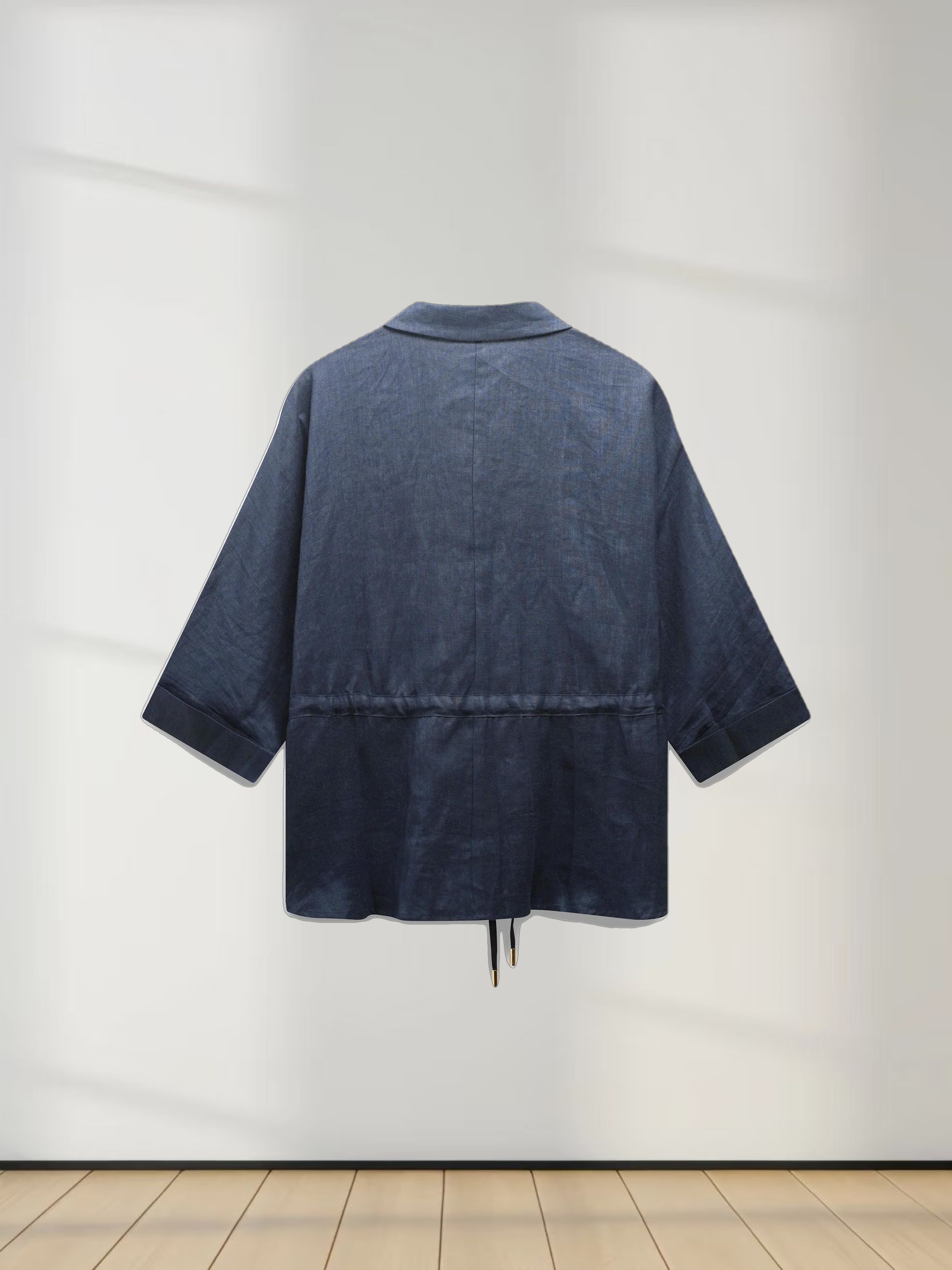 Drawstring Button Down Linen Top-Navy