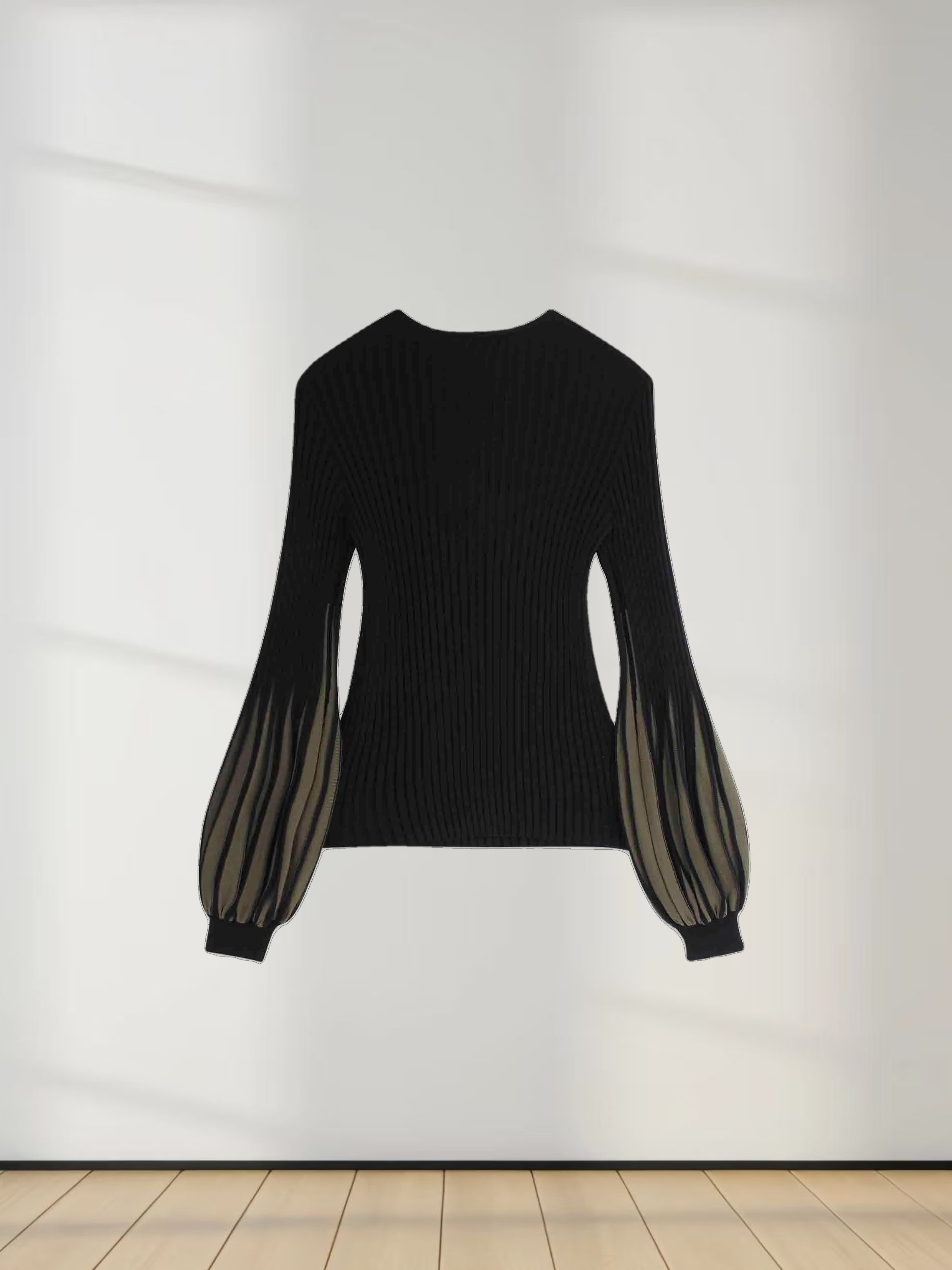 Balloon Sleeve Sweater-Black/Olive