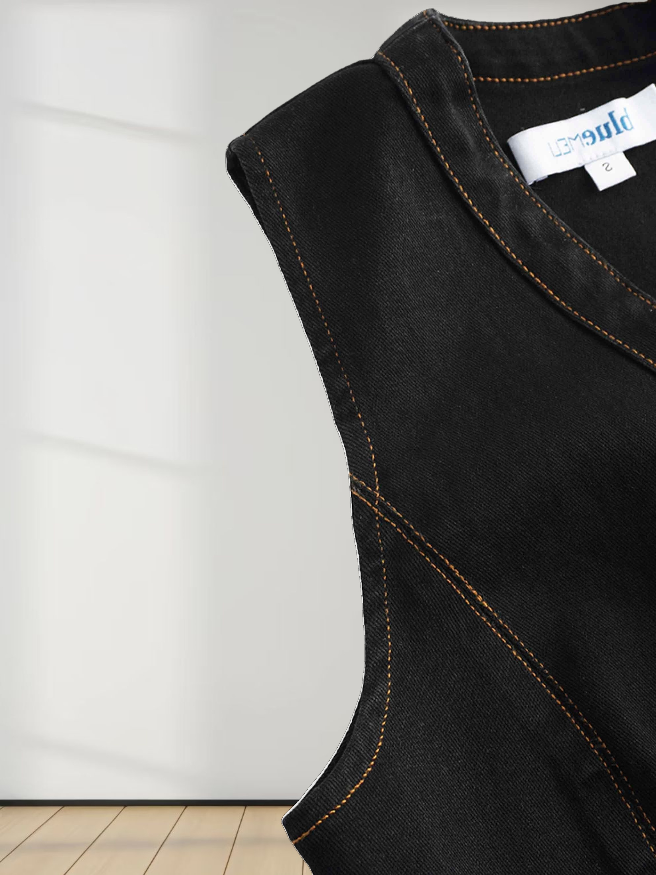 High Waisted V Neck Denim Jumper-Black