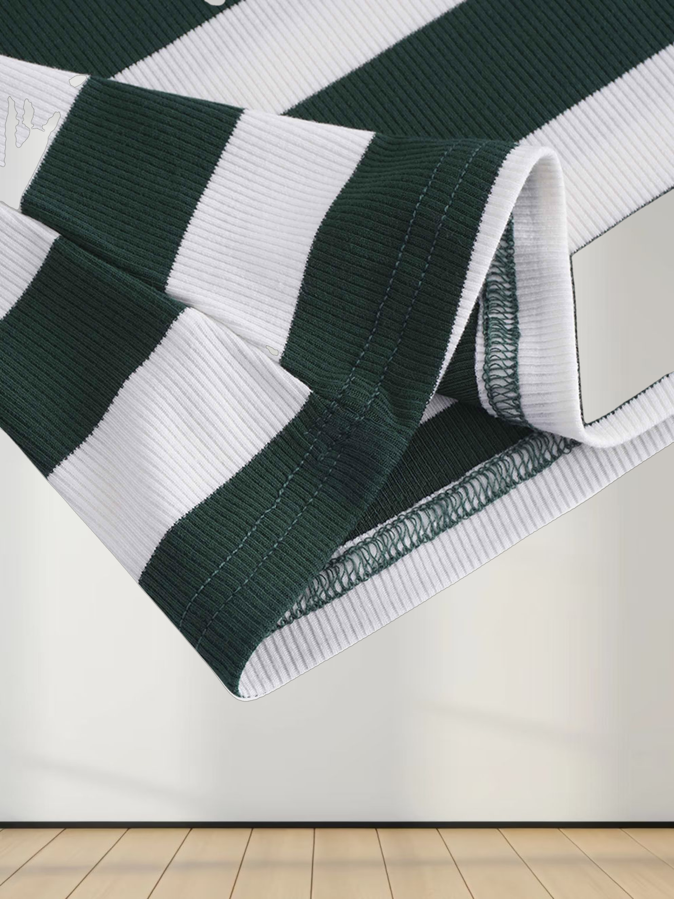 Ribbed Striped High V Tee Long Sleeve-Green/Ivory