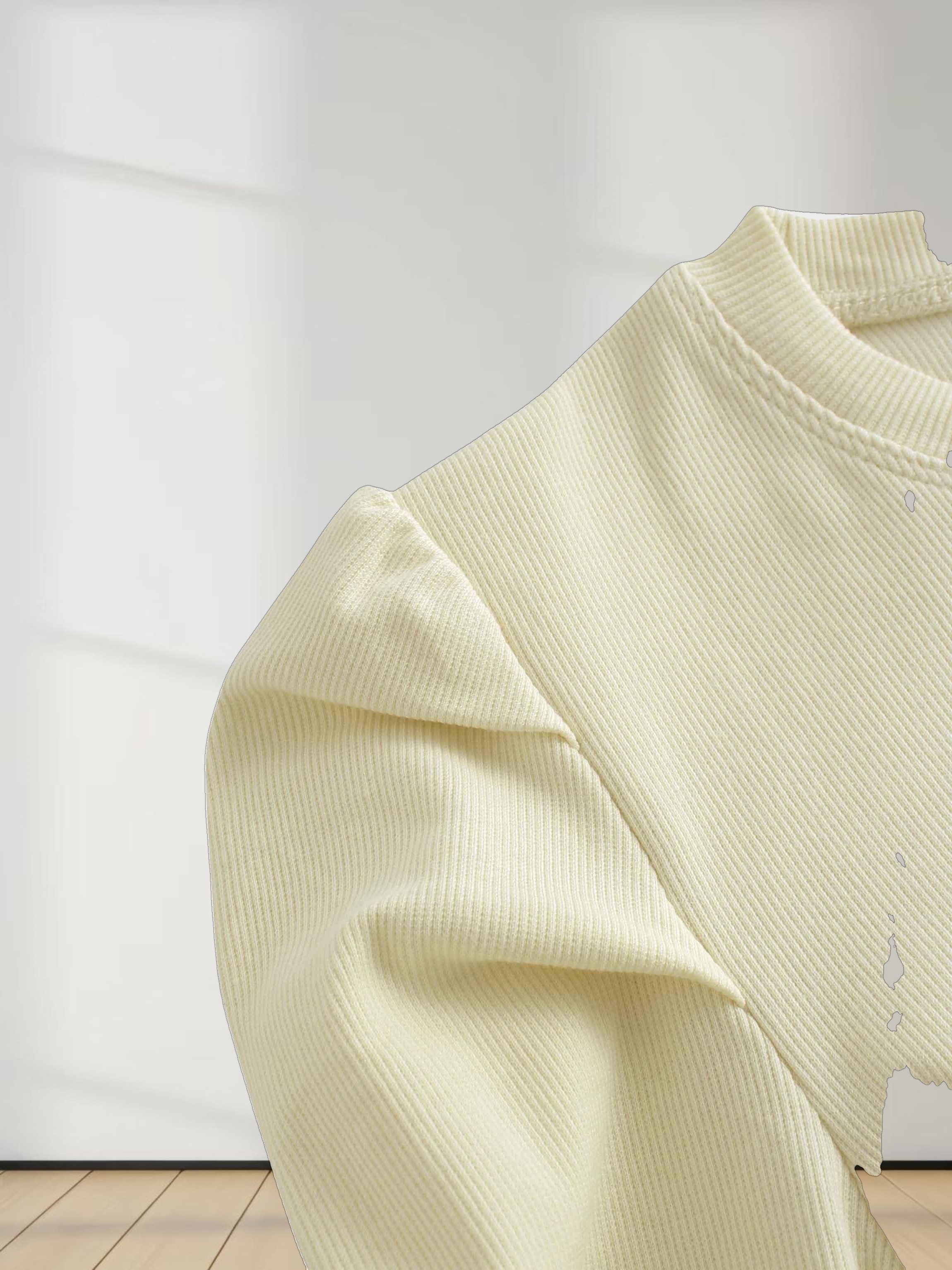 Ribbed Crew Neck Puff Sleeve Top-Ivory