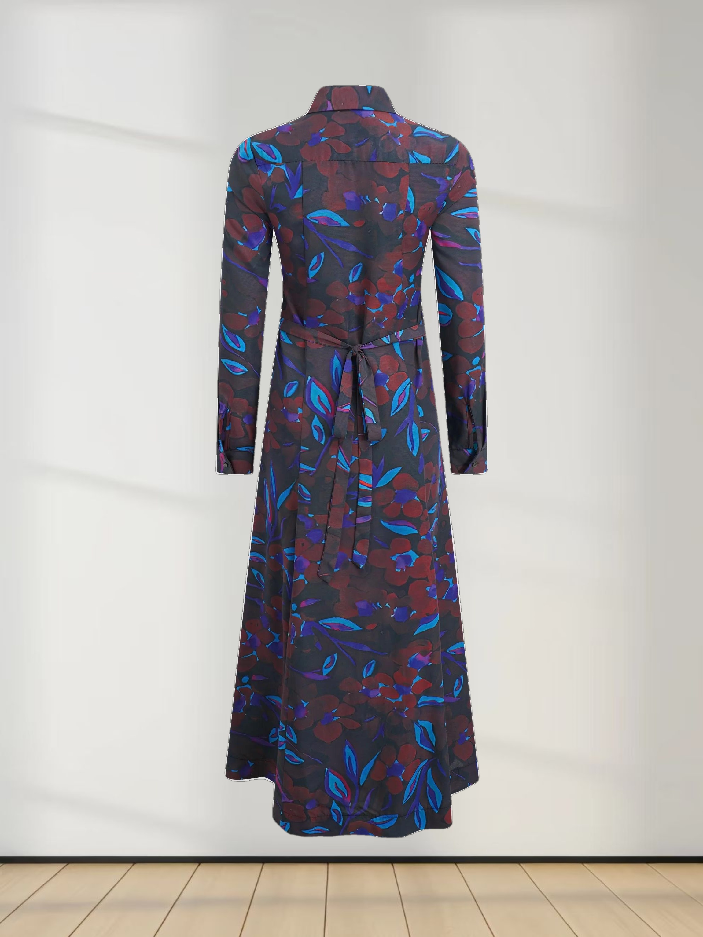 Collared A-Line Shirtdress-Brown Floral