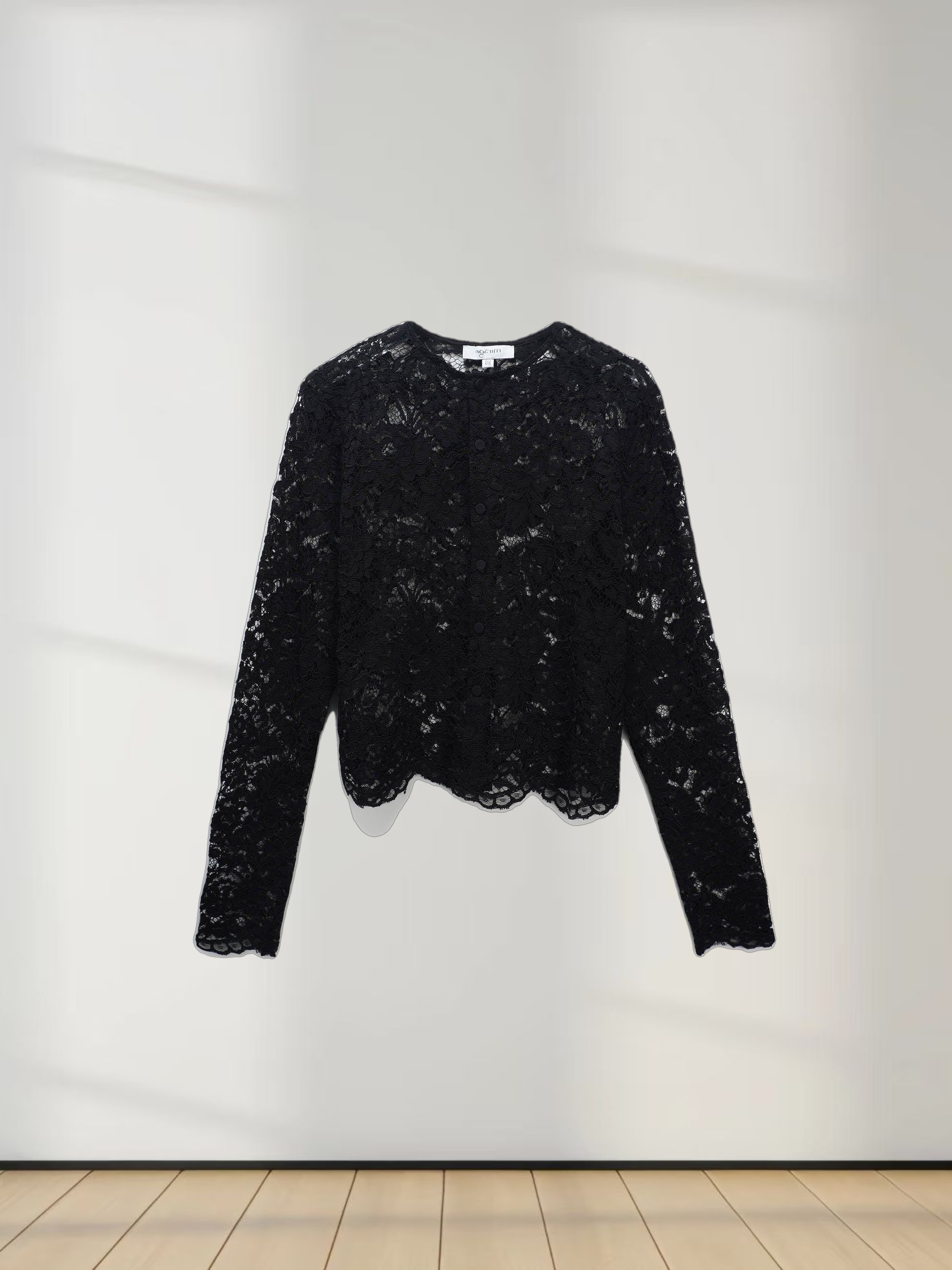 Lace Button Down Cardigan Top-Black