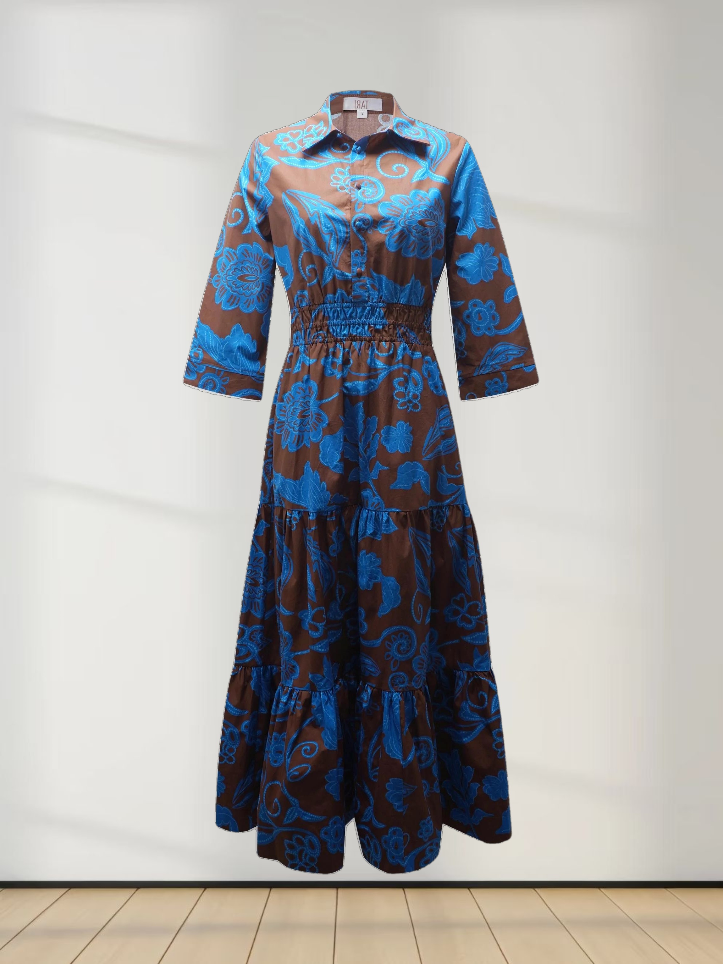 Elastic Waist Tiered Shirtdress-Brown/Blue Floral