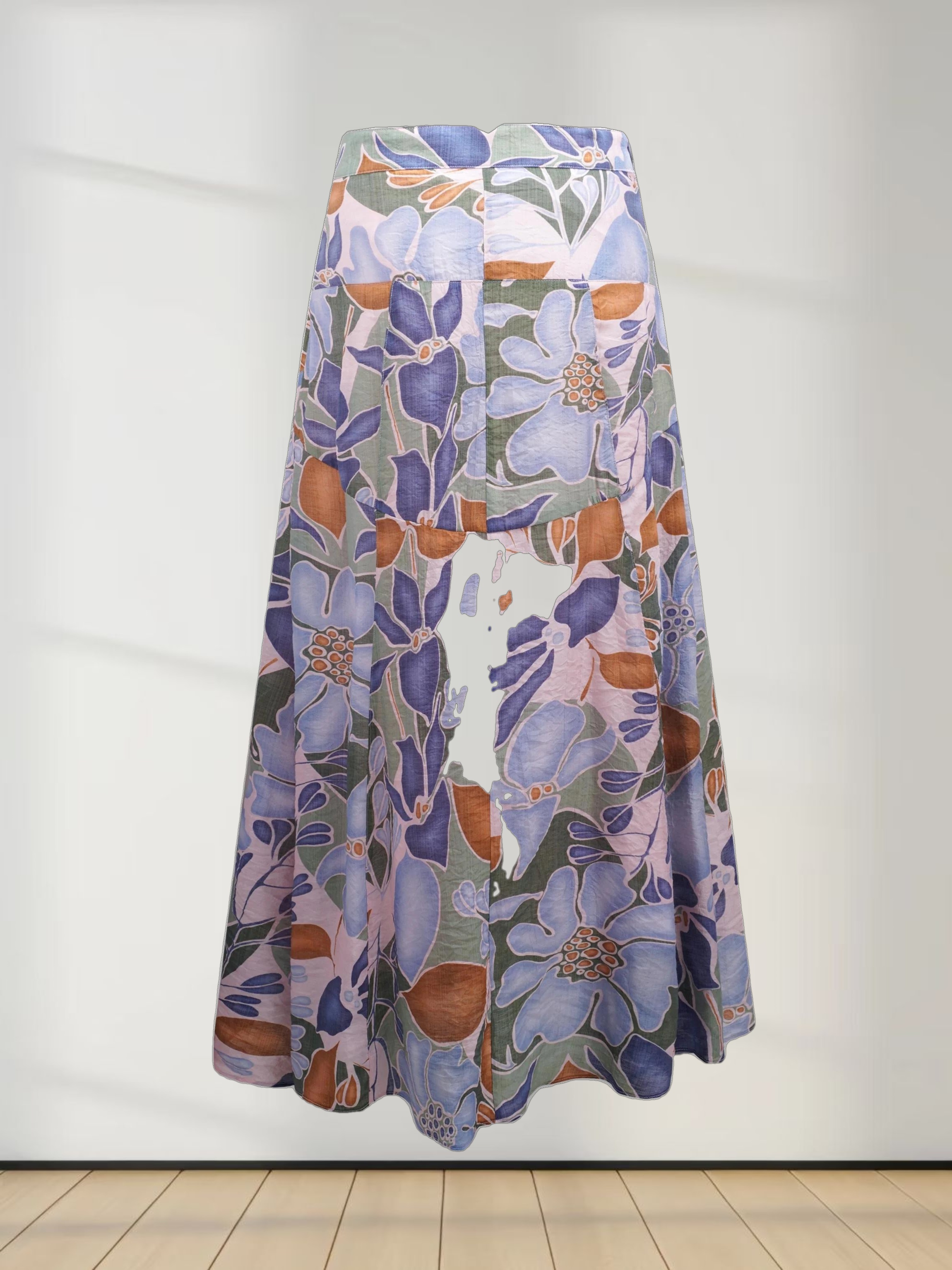 Asymmetrical Hem Ruffle Skirt-Brown Blue Floral