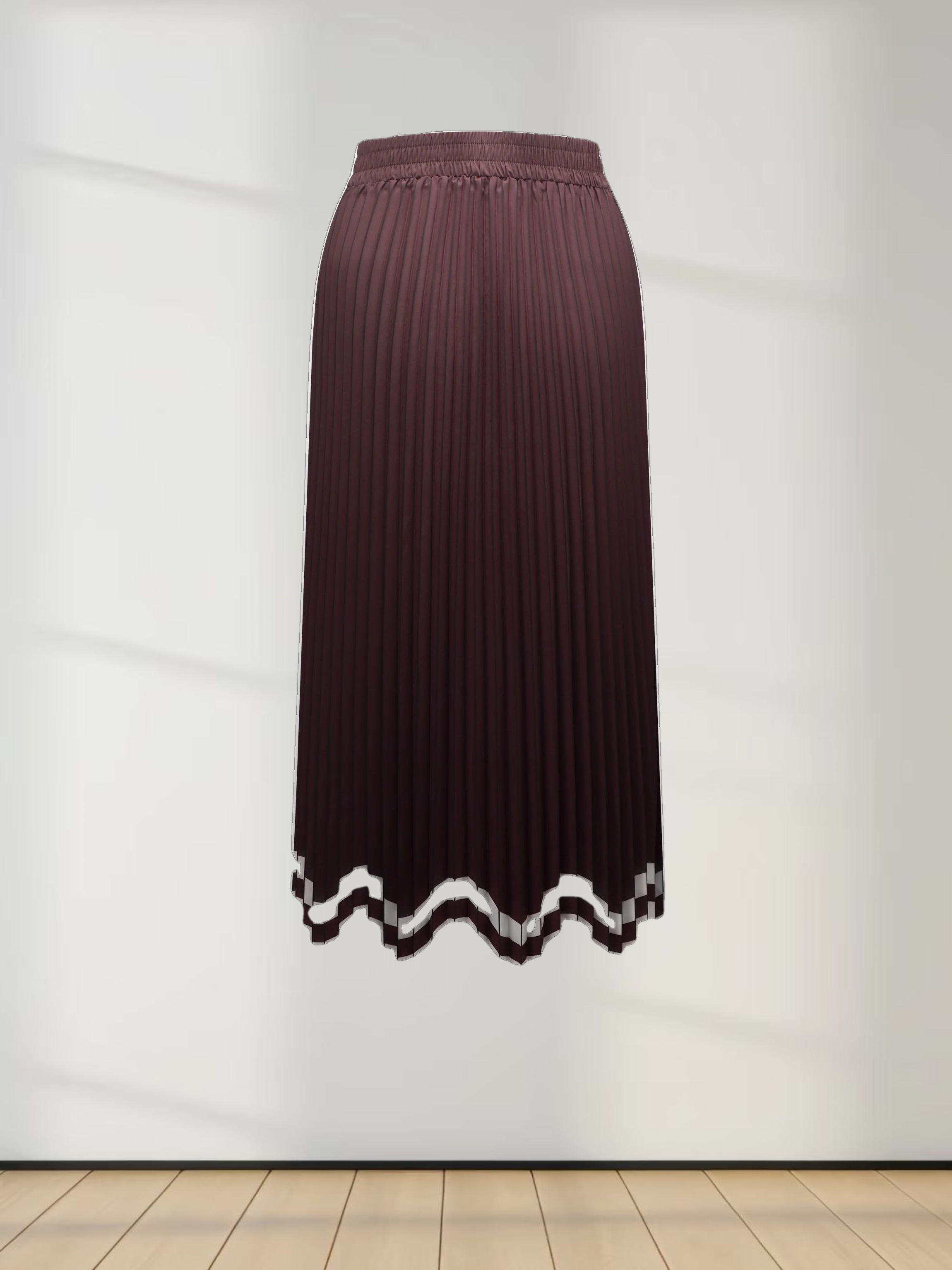 Elastic Waist Printed Pleated Skirt-Brown Chevron Border