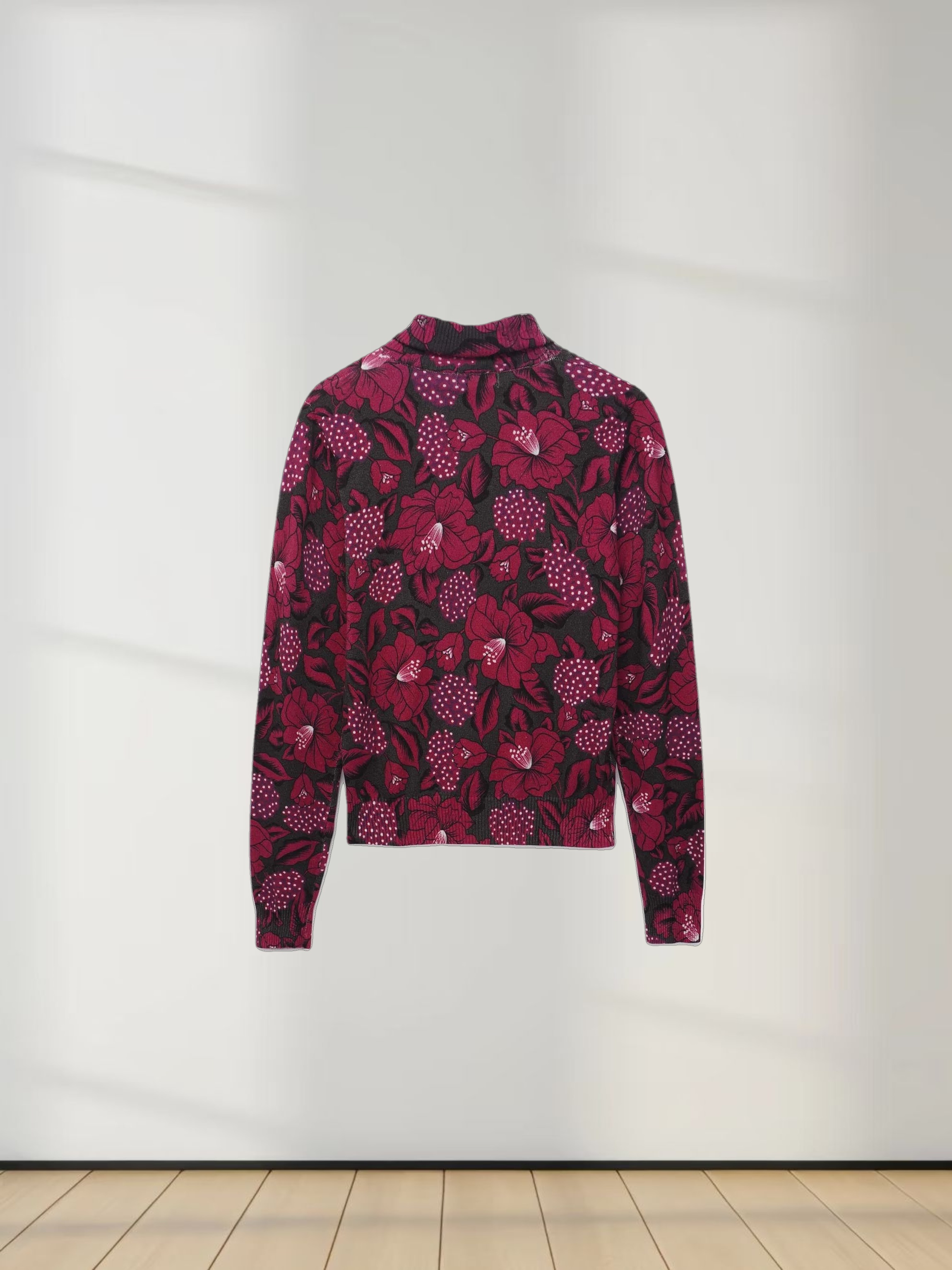 Thin Knit Turtleneck Sweater-Grey Pink Floral