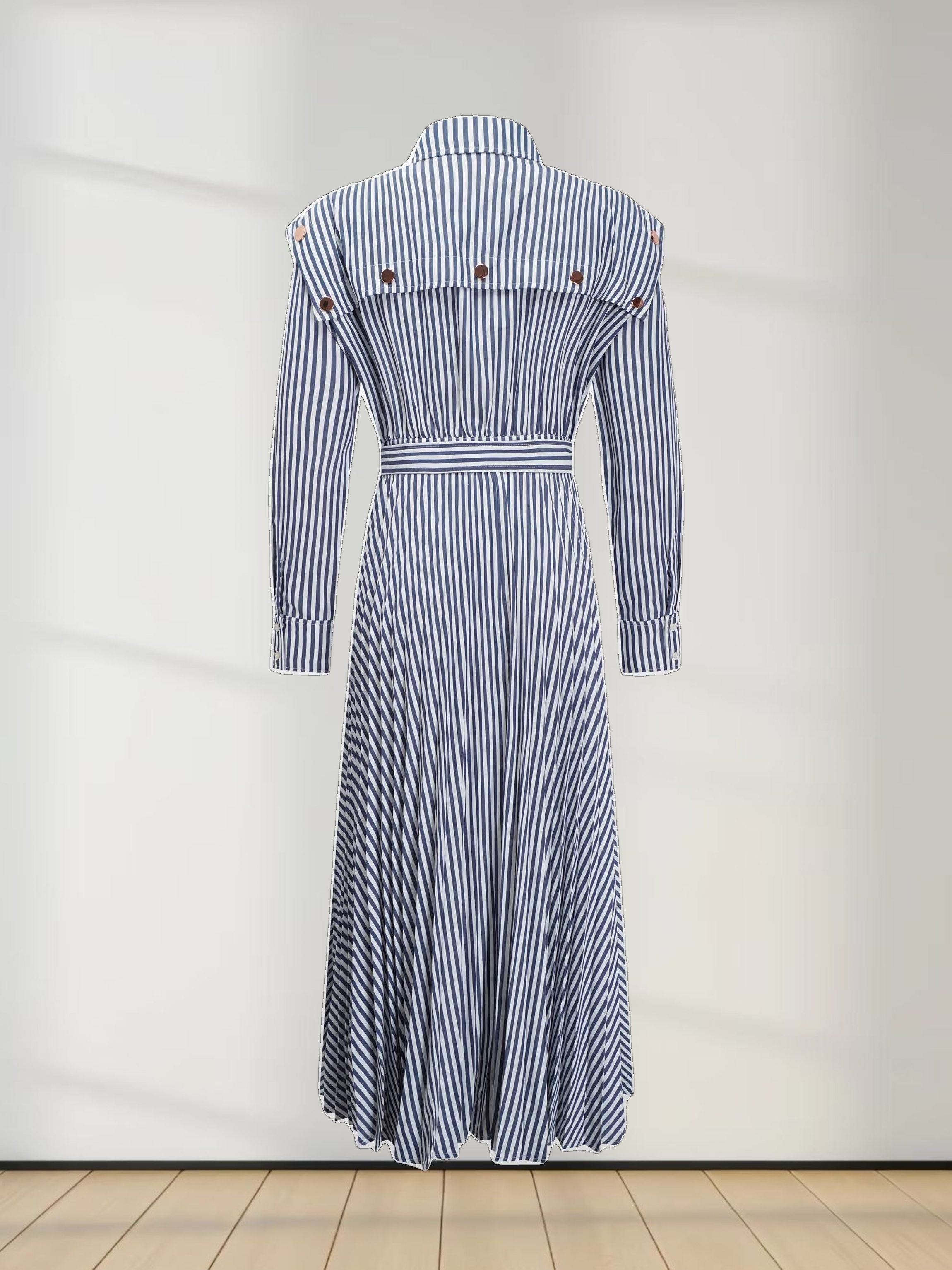 Pleat Bottom Waisted Shirtdress-Navy Pinstripe