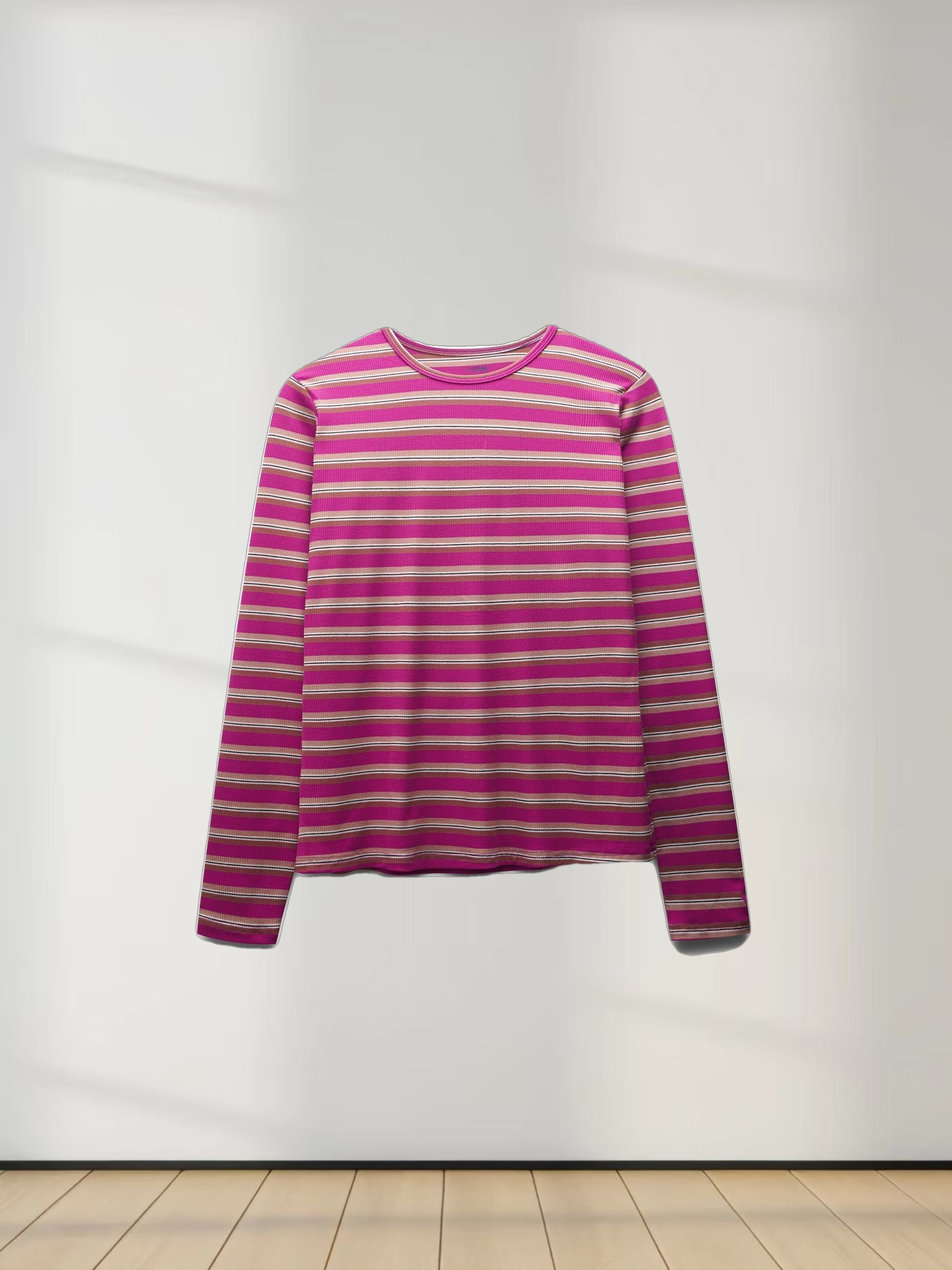 Multi Striped Ribbed Crew-Hot Pink/Tan