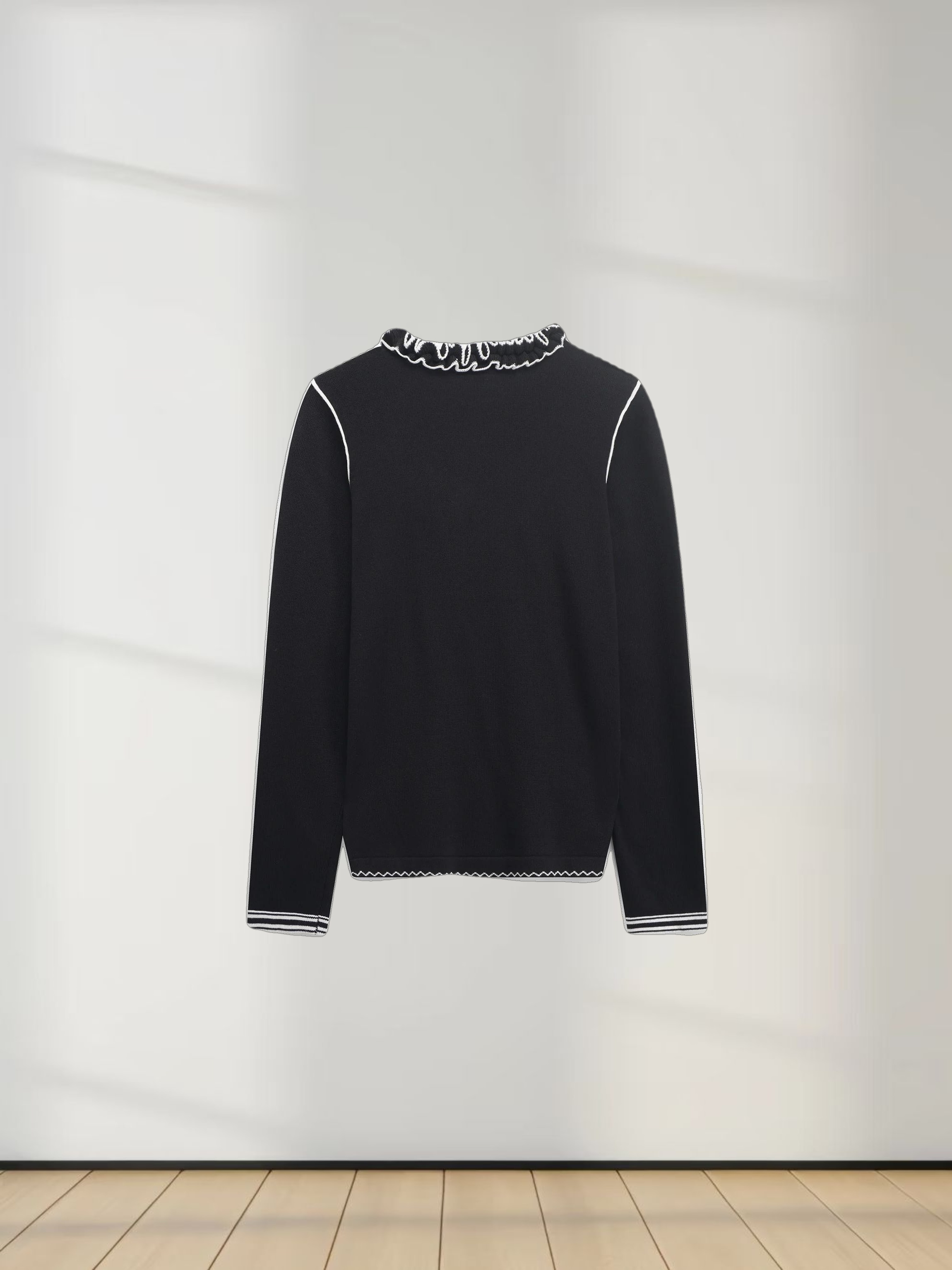 Ruffle Detail Sweater-Black/Ivory