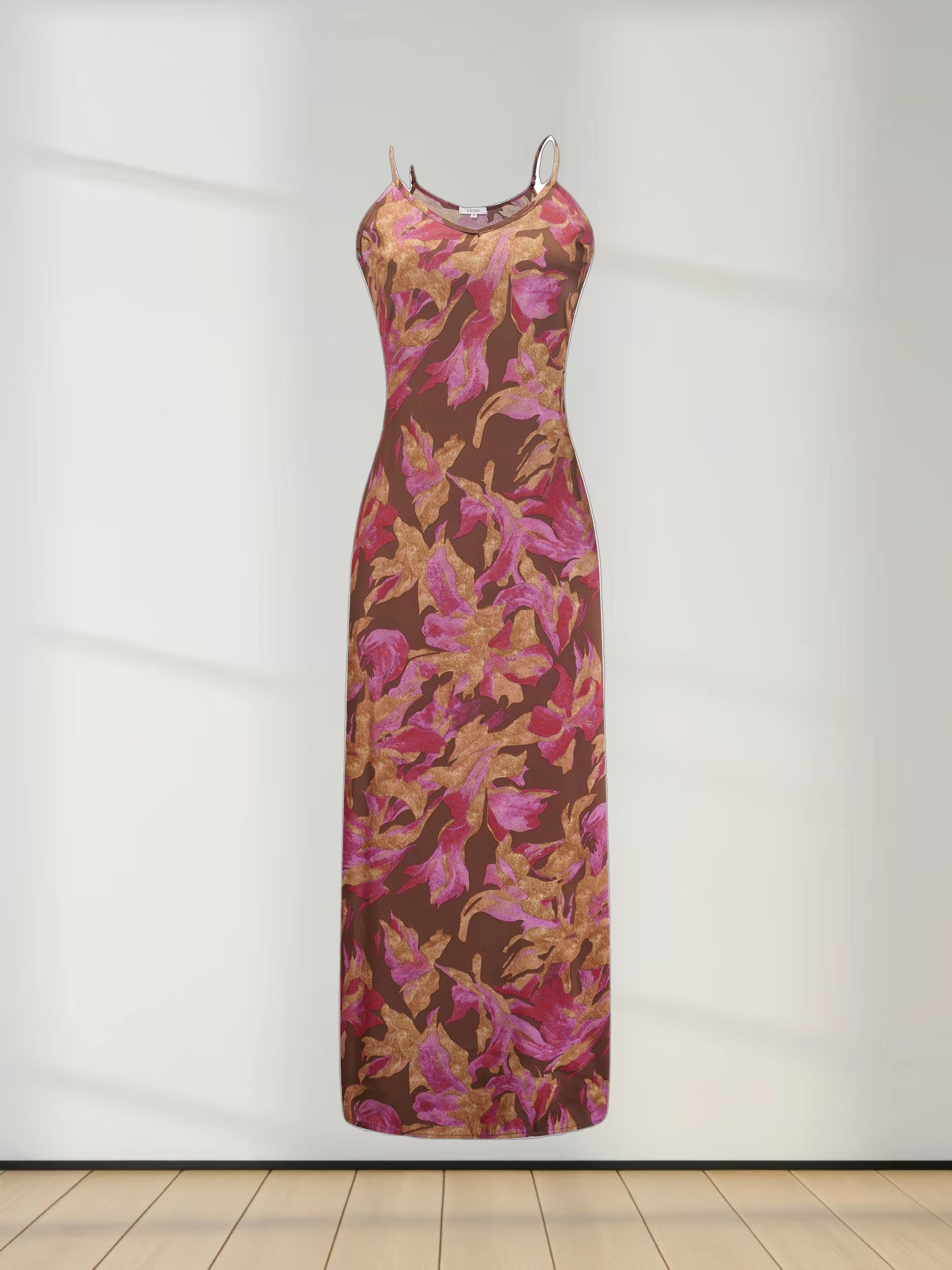 A-Line V Neck Slip Dress-Brown/Pink Floral