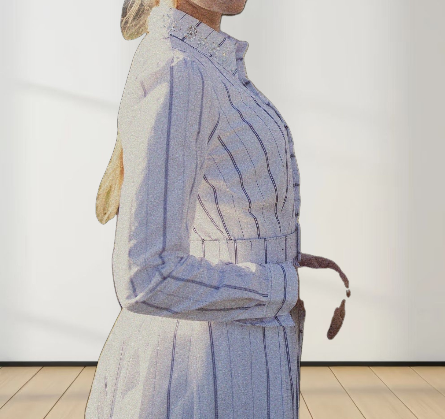 Jeweled Collar Belted Shirtdress-White Pinstripe