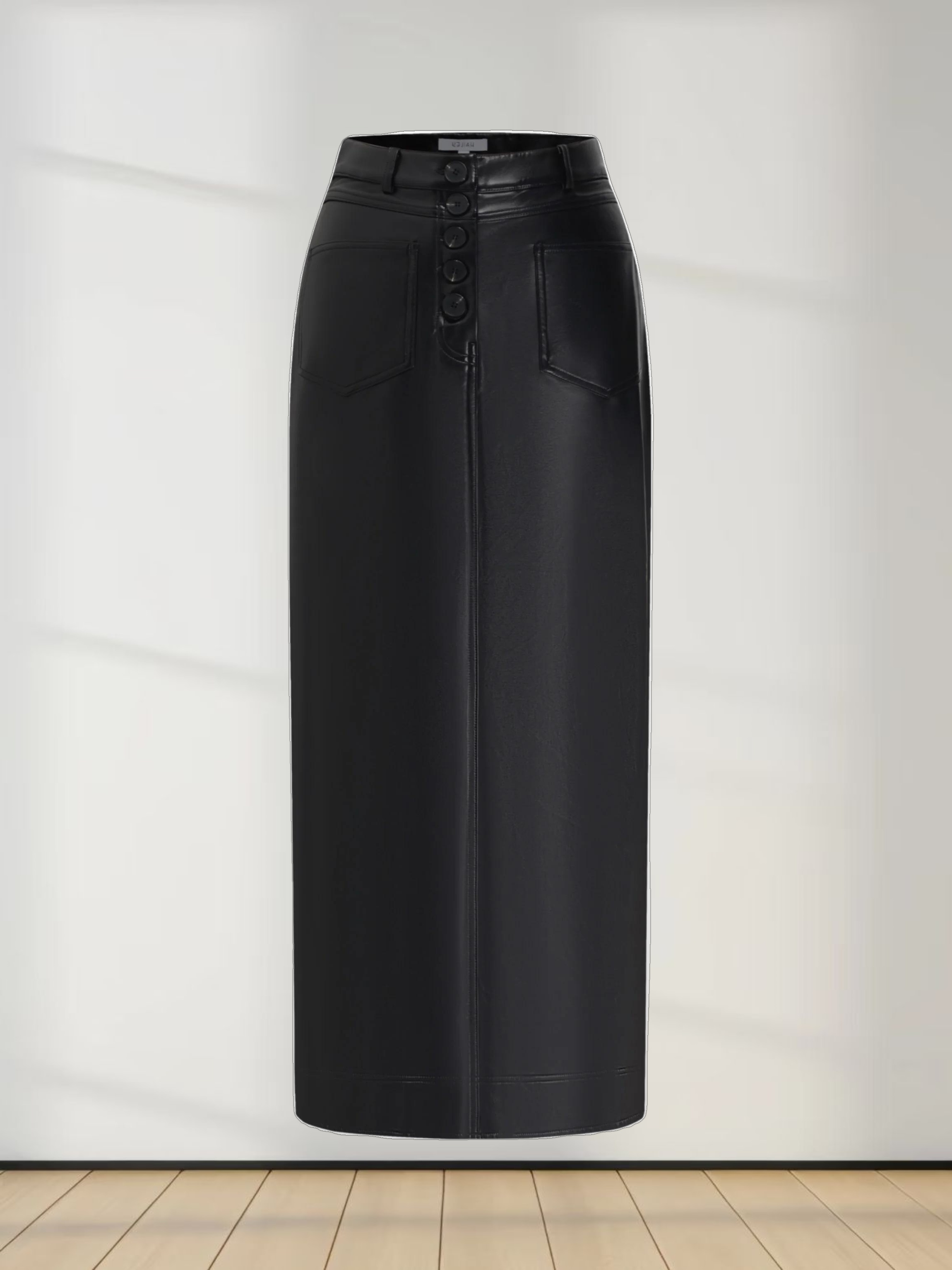 Front Pocket Straight Faux Leather Skirt-Black