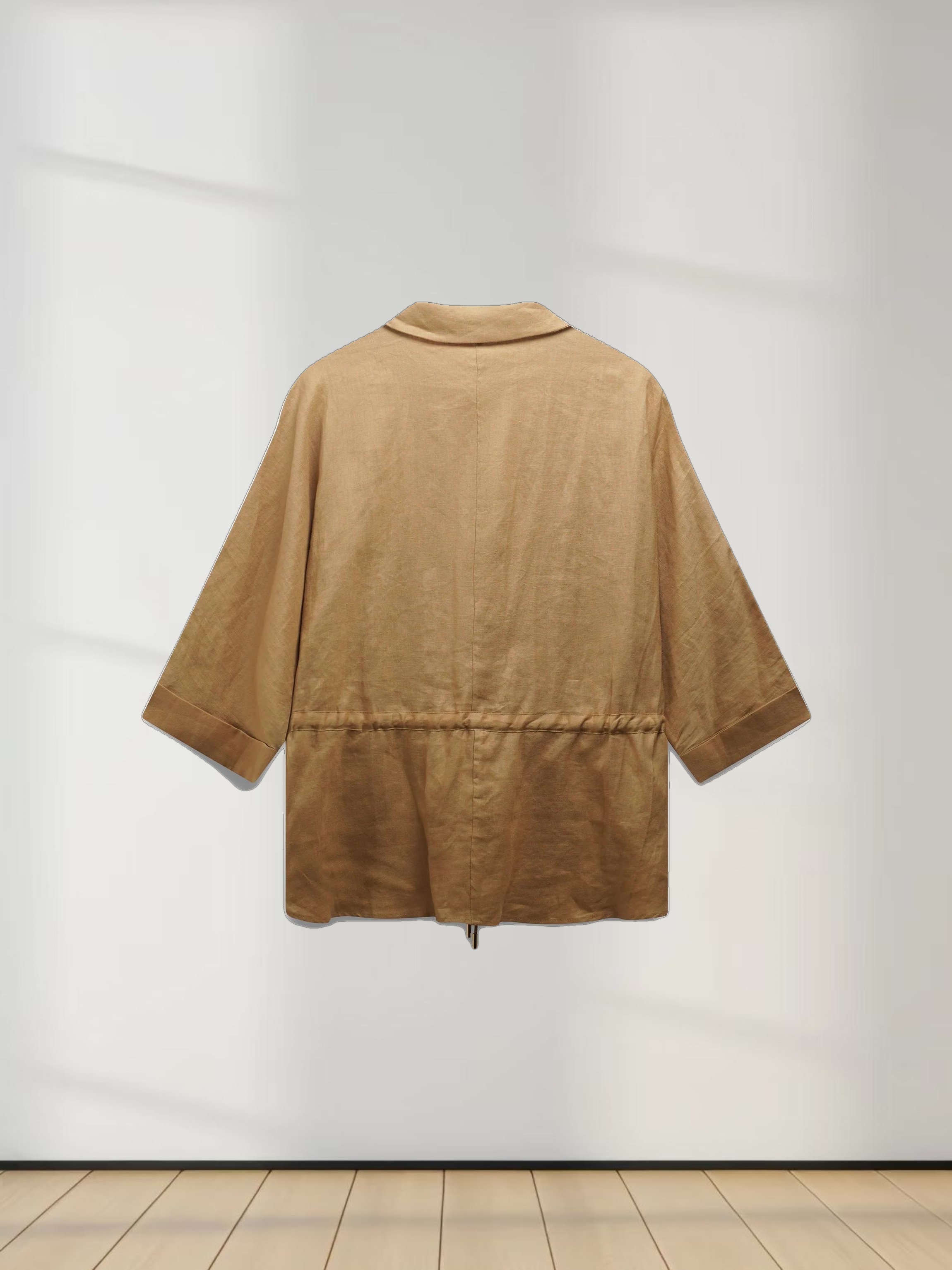 Drawstring Button Down Linen Top-Tan